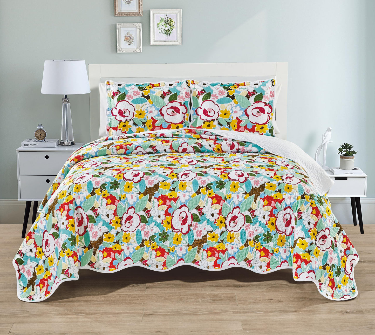 Grand Linen 3-Piece King Size Boho Oversized Quilt Set 120 inch X 106 inch All Seasons Large Bedspread, Pillow Shams Lightweight Soft Coverlet Blue Yellow Green Red Colors Bed Cover Floral Pattern