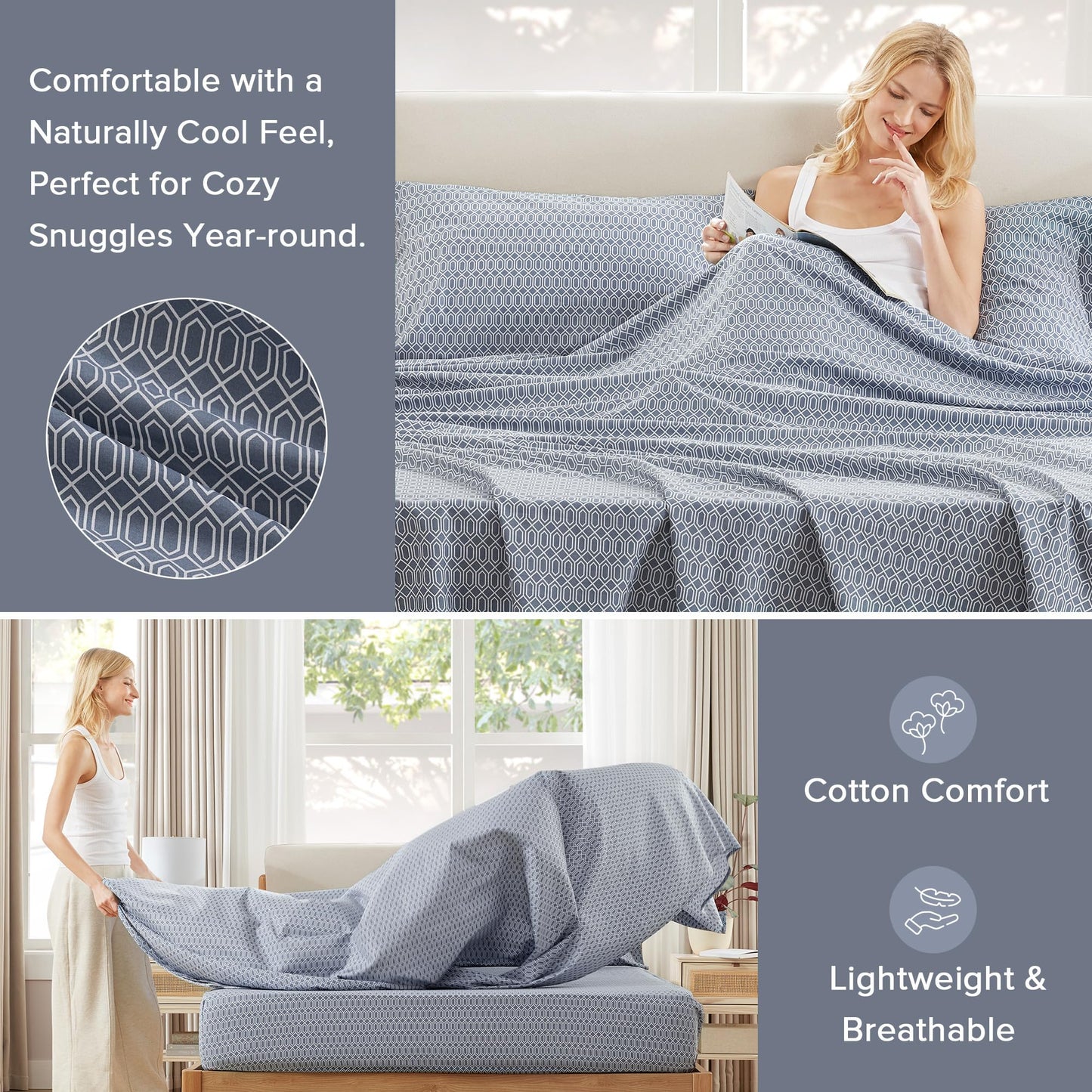 Comfort Spaces 100% Cotton Sheets Twin XL, Breathable, Naturally Cool Cotton Sheets, Soft Cotton Bed Sheets with 14" Elastic Pocket Fits up to 16" Mattress, All Seasons Sheet Set, Diamond Blue 3 Piece