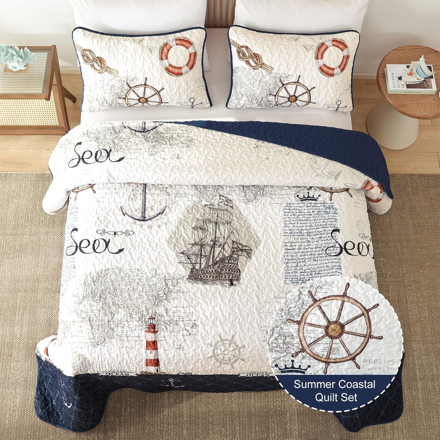 Djoymock Ocean King Size Quilt Set 3 Piece,Nautical Coastal Quilt Bedding Set with 2 Shams Soft Lightweight Beach Bedspread Coverlet Summer Reversible Microfiber Comforter Set for All Season, 104"x90"