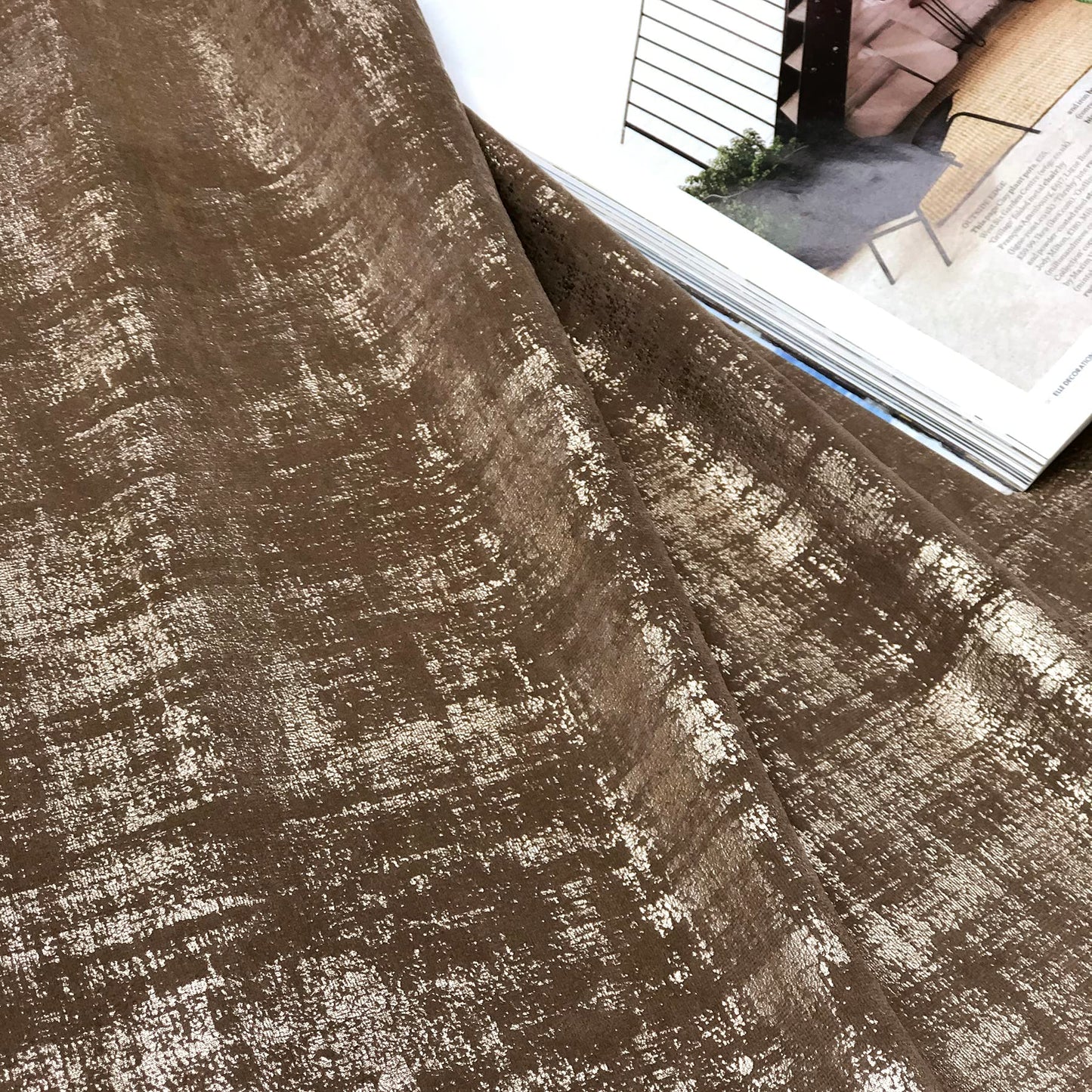 always4u 100% Blackout Soft Velvet Curtains for Bedroom Living Room Thermal Energy Saving 95 Inches Long Luxury Gold Foil Print Drapes 2 Panels Mocha