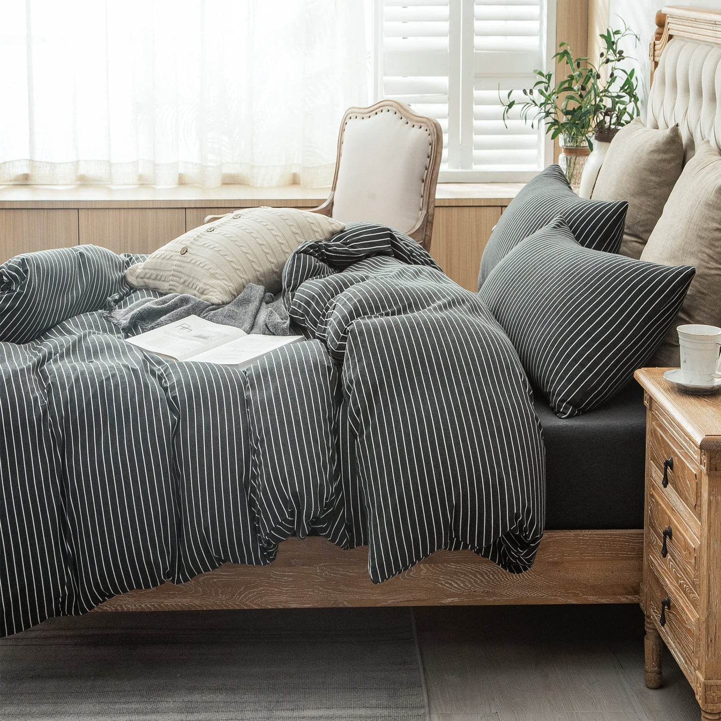 PURE ERA Jersey Knit Duvet Cover Set 100% T-Shirt Heather Cotton Super Soft Comfy Classic Striped Design, with Zipper Closure, Black & White Pinstripe, King
