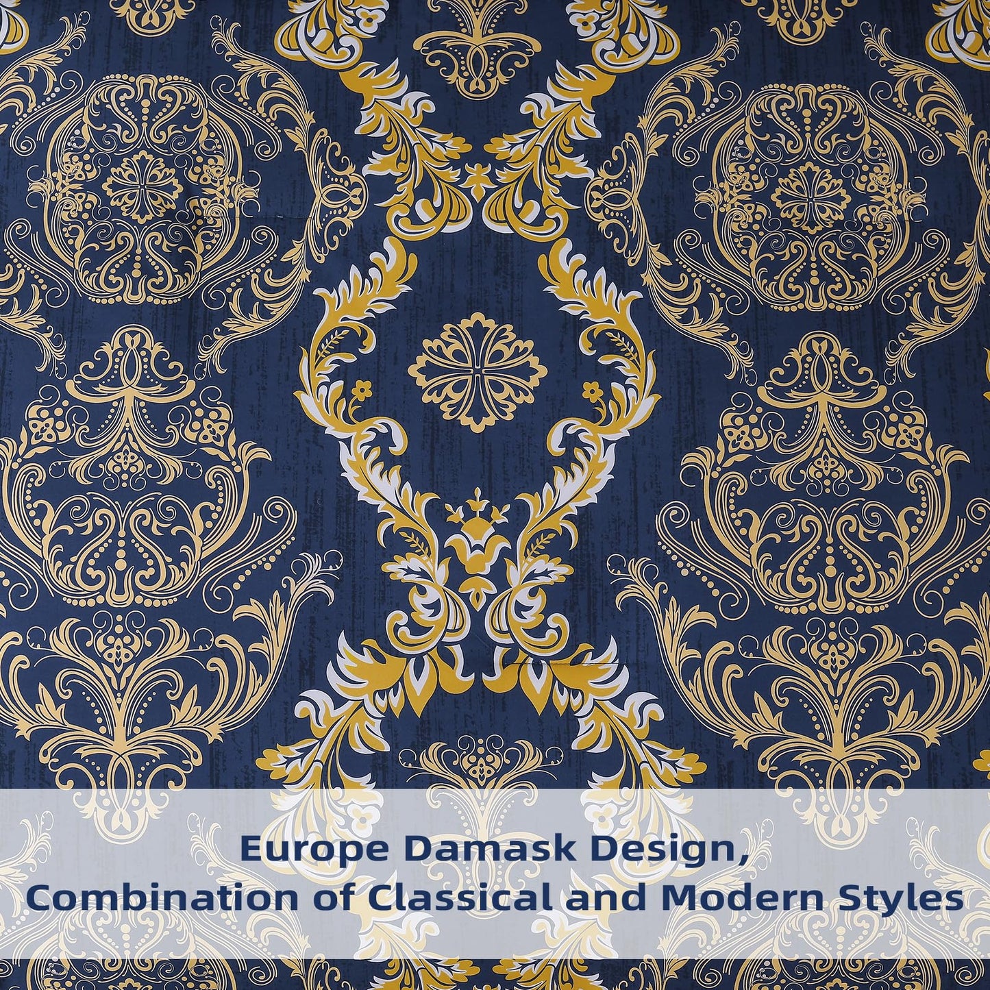 WONGS BEDDING Blue Gold Comforter Set Queen Size,Damask Texture 7 Pieces Bed in a Bag Microfiber Comforter Bedding Sets -1 Comforter, 1 Flat Sheet, 1 Fitted Sheet, 2 Pillow Shams, 2 Pillowcases