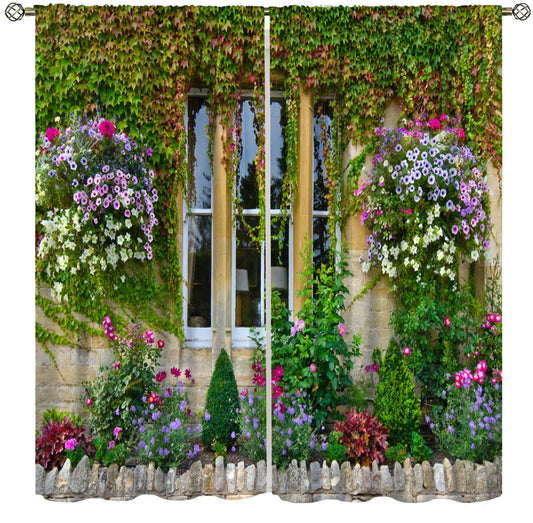 AAVEUP Italian Building Landscapes Curtains,European House Window Garden Nature Landscape Spring Flower Vine Green Leaves Plant Window Treatments for Living Room Bedroom Kitchen 42x45in（No Blackout）