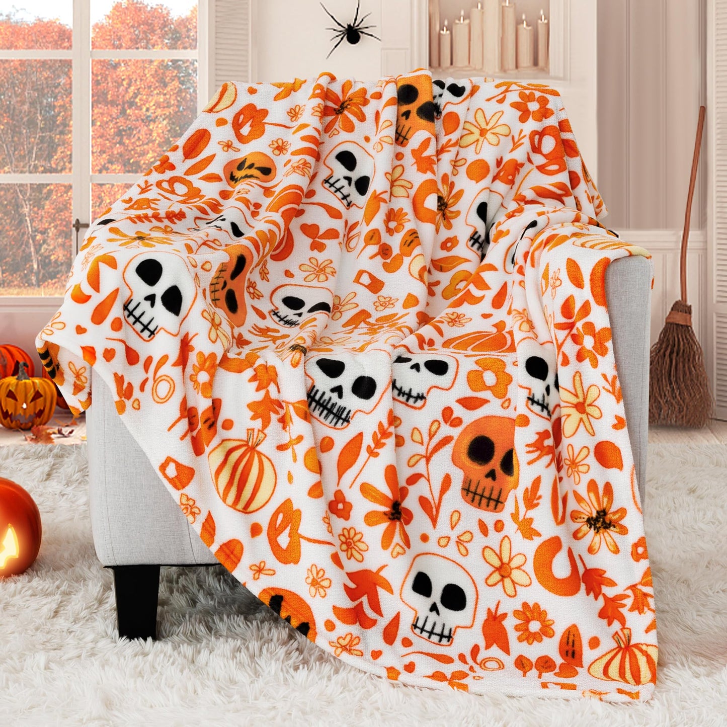 ROMROL Fall Blanket Halloween Throw Blanket, Ghost Blankets, Pumpkin, Fall Throw Blanket Autumn Harvest Plaid Blankets, Soft Fuzzy Plush for Couch Sofa, Flannel Blanket, Halloween Decor (50" x 60")