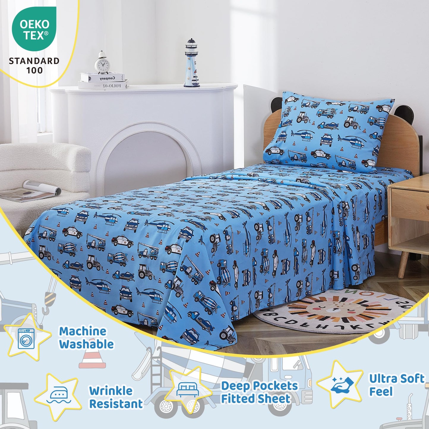 Viviland 3 Pieces Boys Police Car Twin Sheet Set - Soft Microfiber Fitted Flat Sheets & Pillowcase Bed Sheet Set - Blue Airplane Print Bedding Sets for Kids