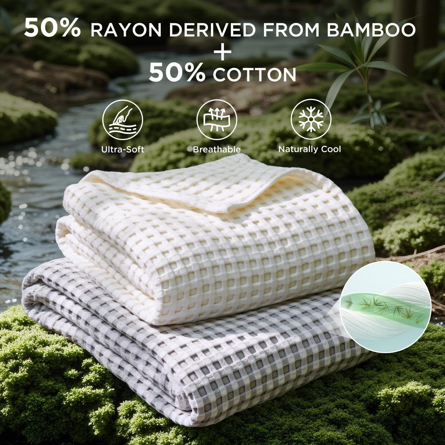 Bedsure Cooling Waffle Queen Size Blanket - Lightweight Cotton Summer Blanket of Rayon Derived from Bamboo for Hot Sleepers, Luxury Throws for Bed, Couch and Sofa, Ivory, 90x90 Inches