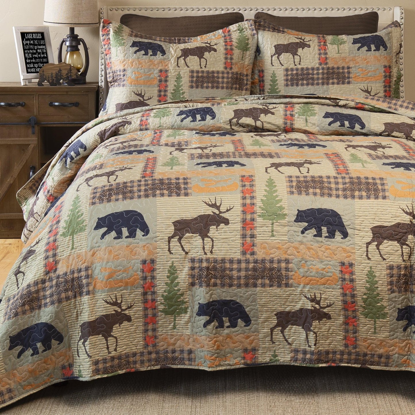 Carstens Rustic Cabin Country Bedding Set, 3-Piece Microfiber Quilt, Rustic Lake Country, King