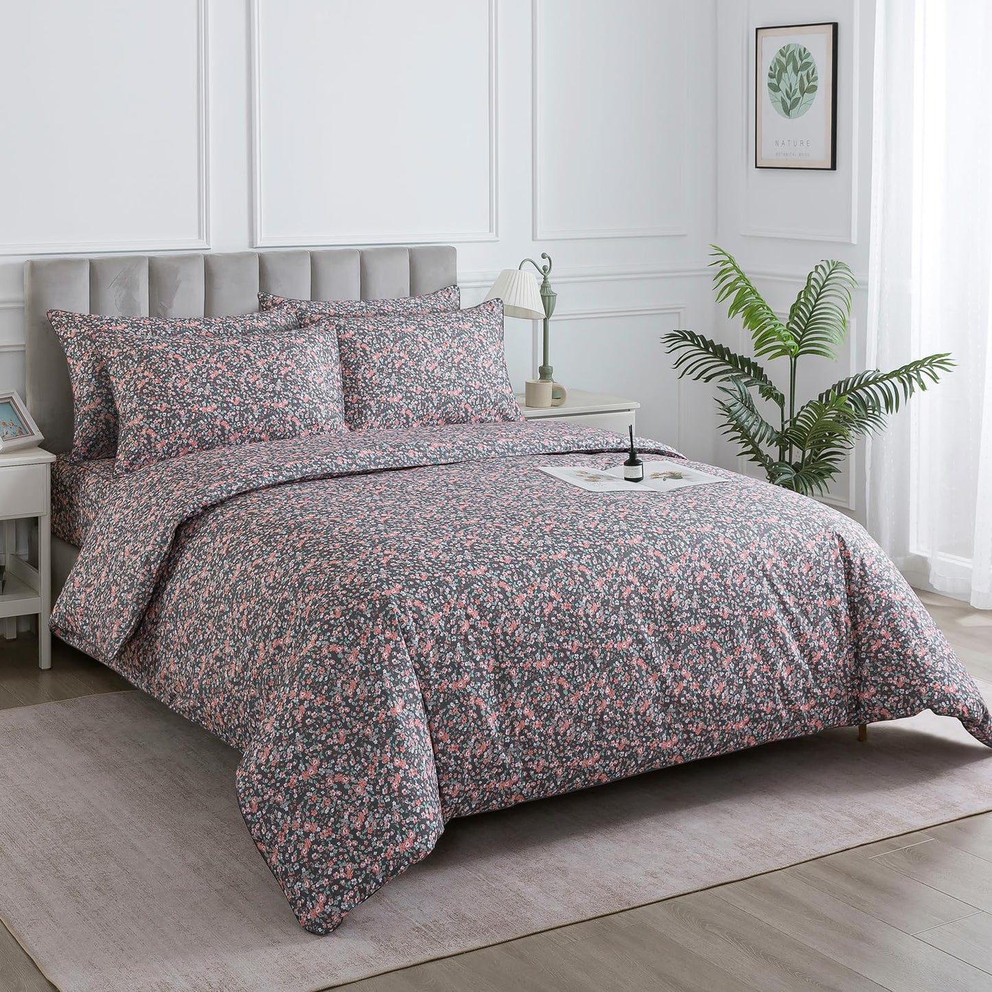 Puralens Dark Grey Vintage Floral Duvet Cover, King 100% Cotton Percale Pink Flower Comforter Cover Set, Shabby Chic Reversible Toile Bed Cover Set with Ties, Luxury Farmhouse Zipper Bedding, 3Pcs