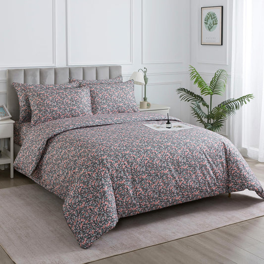 Puralens Dark Grey Vintage Floral Duvet Cover, King 100% Cotton Percale Pink Flower Comforter Cover Set, Shabby Chic Reversible Toile Bed Cover Set with Ties, Luxury Farmhouse Zipper Bedding, 3Pcs