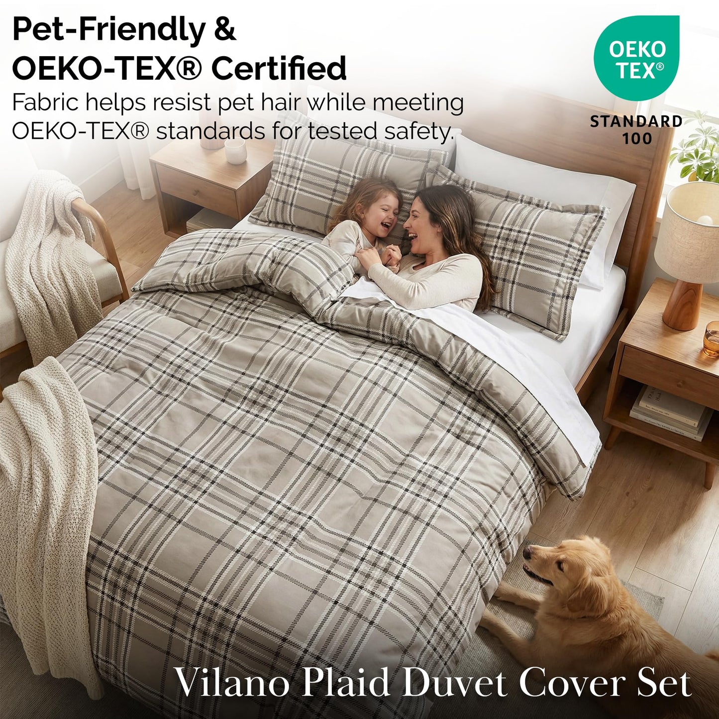 Southshore Fine Living, Inc. Cal King Plaid Duvet Cover Set – Oversized, Hotel Quality, Easy Care, Pet Hair Resistant, Checkered California King Duvet Cover and 2 Pillow Shams – Vilano Plaid Mocha