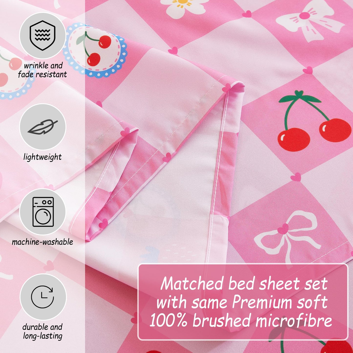 Softan Kids Bed Sheet Set, 3-Piece Twin Sheets Set, Microfiber Fitted Sheet with Corner Straps, Breathable & Silky Soft Pink Fruit Checkered Pattern Sheet and Pillowcase Sets