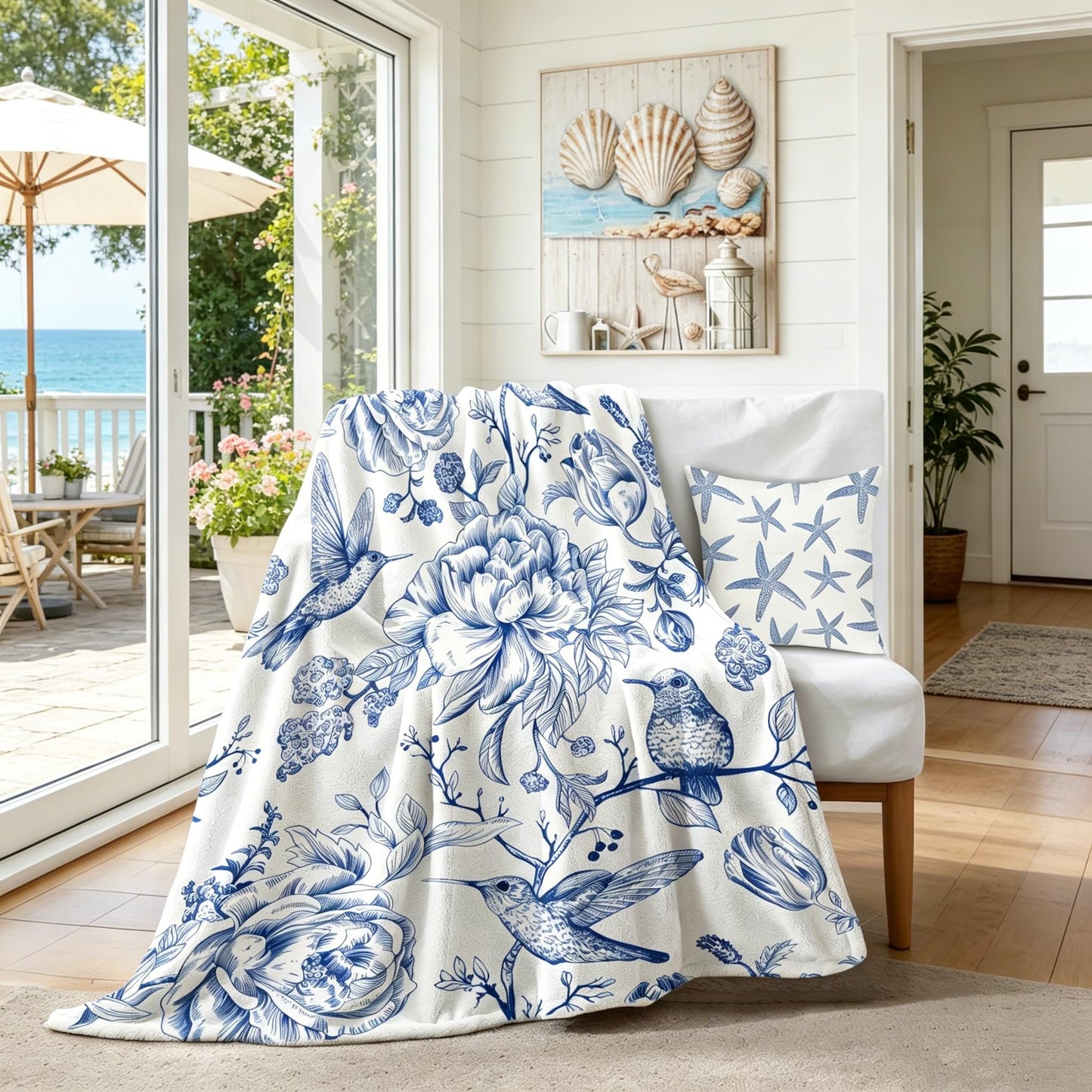 yuboo Blue Floral Throw Blanket, Blue and White Chinoiserie Flannel Blanket with Hummingbird and Flower Design, Soft 50 x 60 Inch Throw for Couch, Bed, Living Room, Bedroom Decor