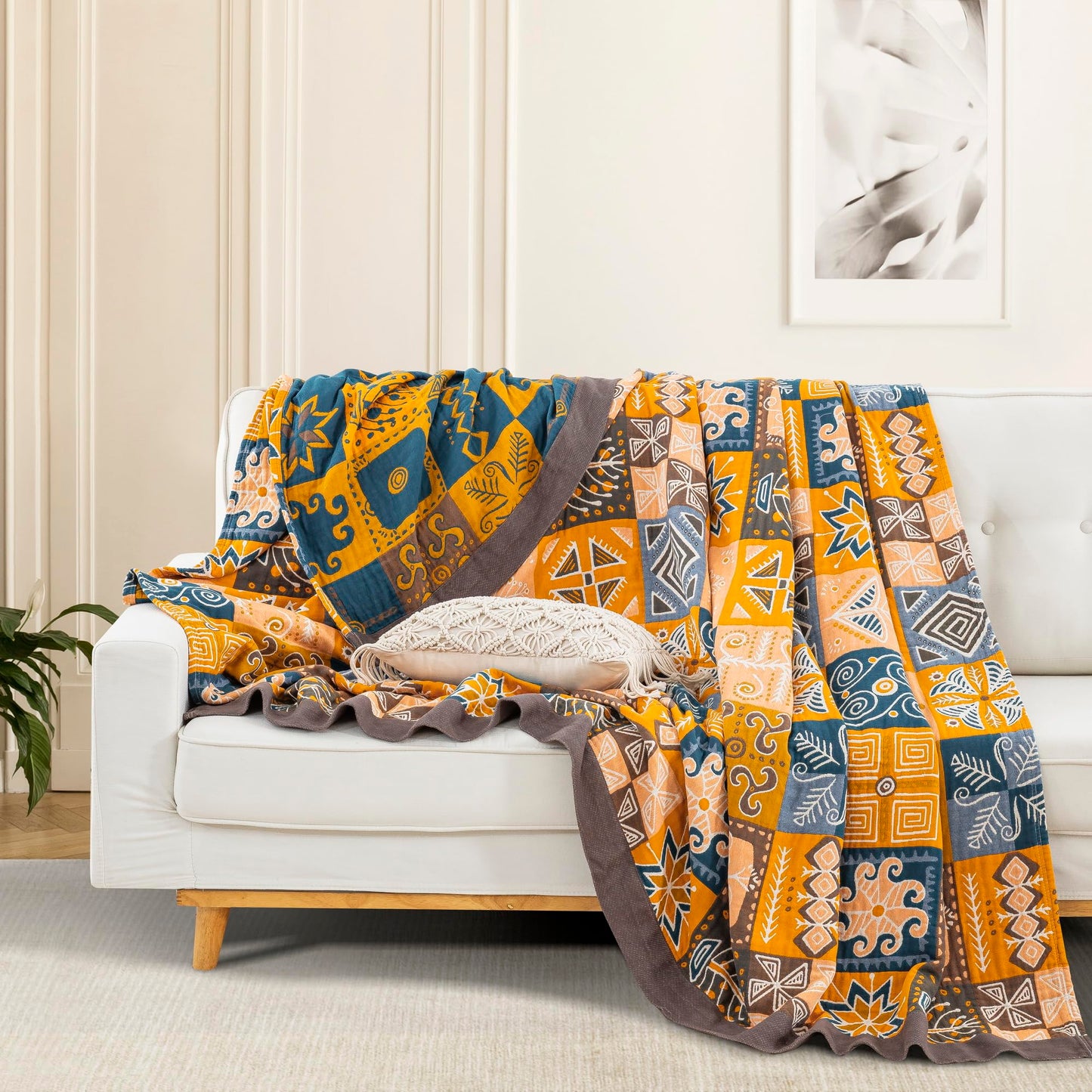 Purefair 100% Muslin Cotton Throw Blanket for Bed Couch Chair, Bohemian Tribal Patchwork Retro Quilt Ultra Soft Reversible Gauze Blanket for All Season, 60"x80"