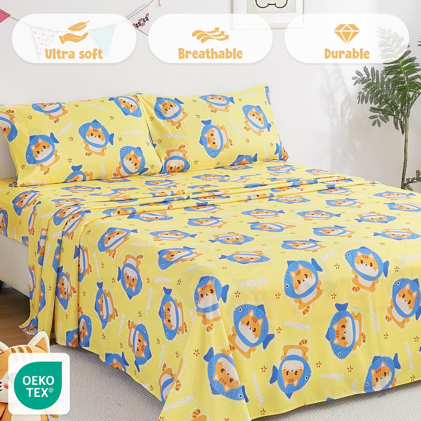 CozySmile Twin Sheet Set Kids,3 Pieces Breathable Soft Microfiber Bedsheets for Child Boys Girls, Oeko-TEX, Anti Pilling Deep Pockets Easy Care Bed Sheets, Cat Fish