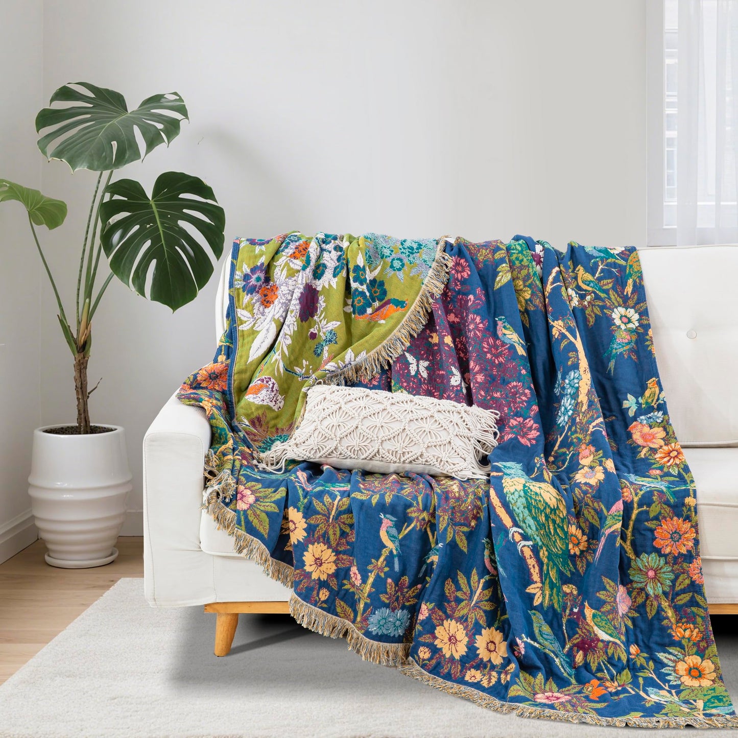 BRYALIX 100% Cotton Boho Floral Throw Blanket, Navy Blue with Birds Pattern, Lightweight Muslin Quilt, Decorative Reversible Jacquard Fringed Farmhouse Blanket for Home, Picnic, Travel, 60"x80"