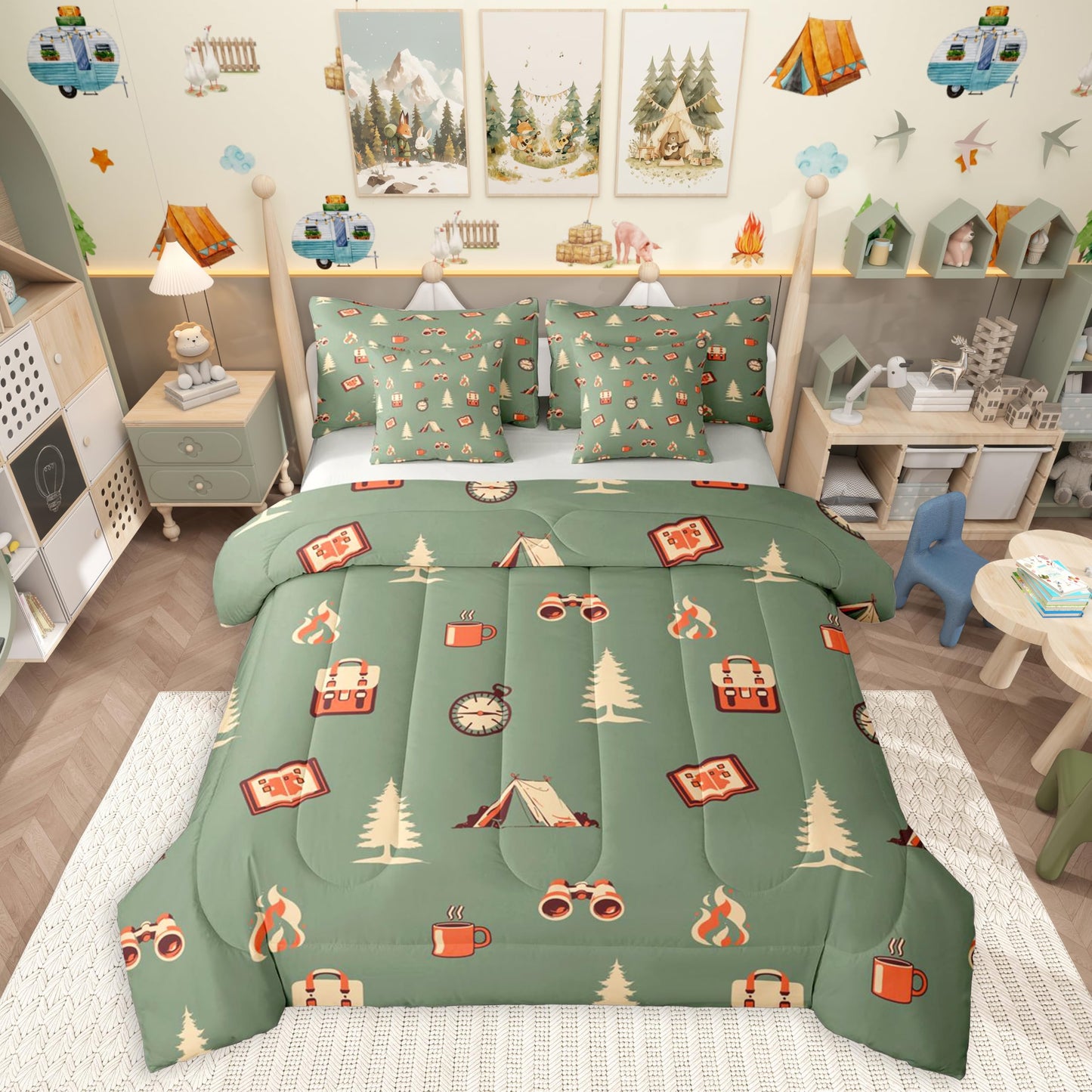 Camper Adventure Theme 7 Pieces Bedding Set Twin Size,Happy Camping Bed in a Bag,Cartoon Tent Travel Bag Bed Set Includes Comforter,Sheet Set,Pillowcases & Pillow Covers,Camping Lover Bedroom Decor