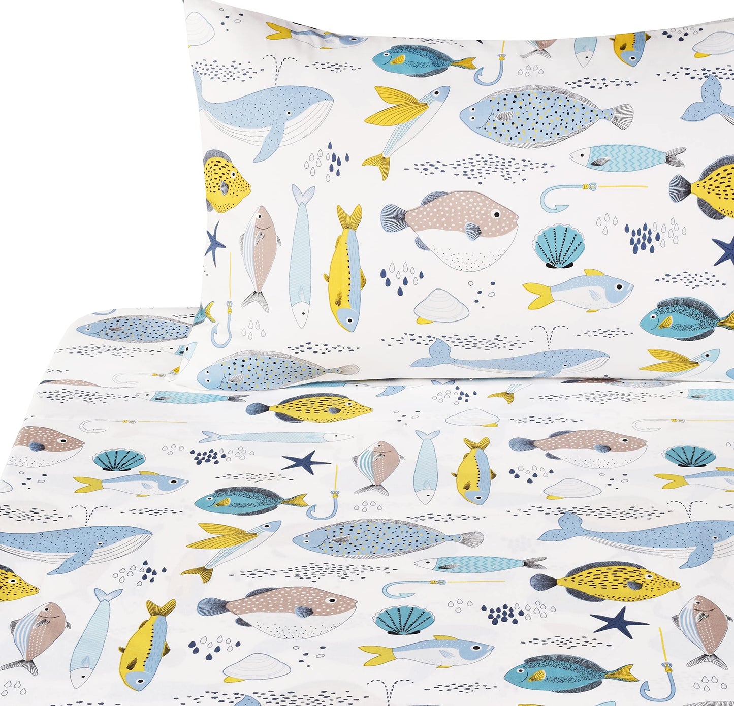 J-pinno Many Fish Sardine Pufferfish Flatfish Whale Ocean Sea Cartoon Twin Sheet Set for Kids Girls Boys Children 100% Cotton Flat Sheet + Fitted Sheet + Pillowcase Bedding Decoration Gift Set