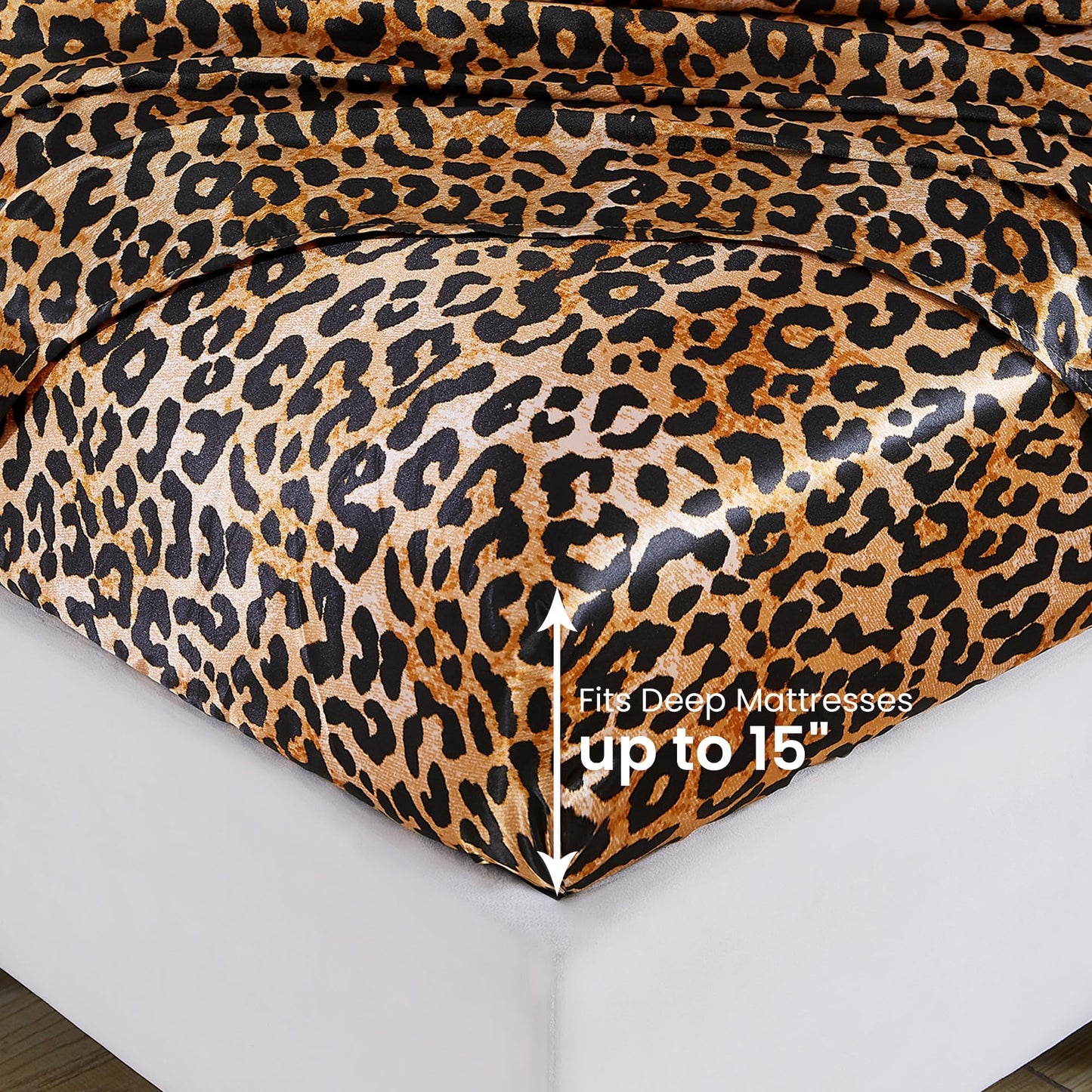 lasoftan Leopard Print Satin Sheets Twin, Silky Animal Print Fitted Bed Sheet with 15" Deep Pocket & Non-Slip Straps, Luxury Hotel Satin Summer Cooling Sheets & Pillowcase Set, Yellow
