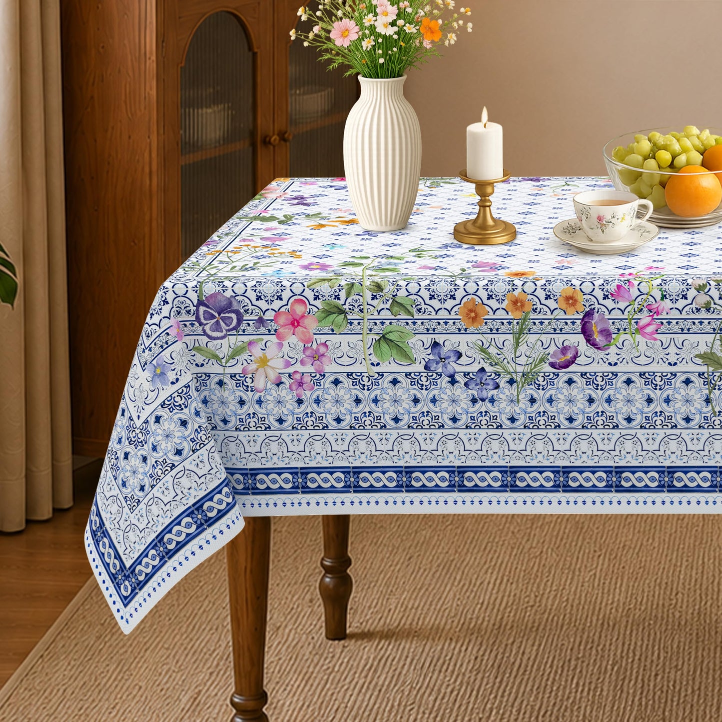 Viyeneyo Rectangle Tablecloth 60x102 Inch, French Toile Floral Table Cloth