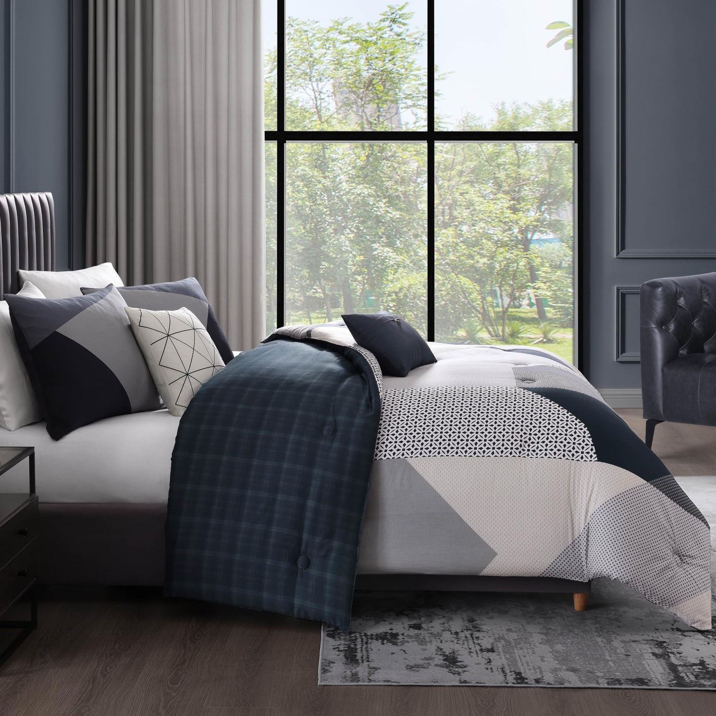 Bebejan Geo Fusion 5 Piece Comforter Set, 100% Cotton Sateen, 220 Thread Count, Patchwork Reversible Bedding Comforter Set, 1 Comforter, 2 Shams & 2 Pillows (King/Cal King)