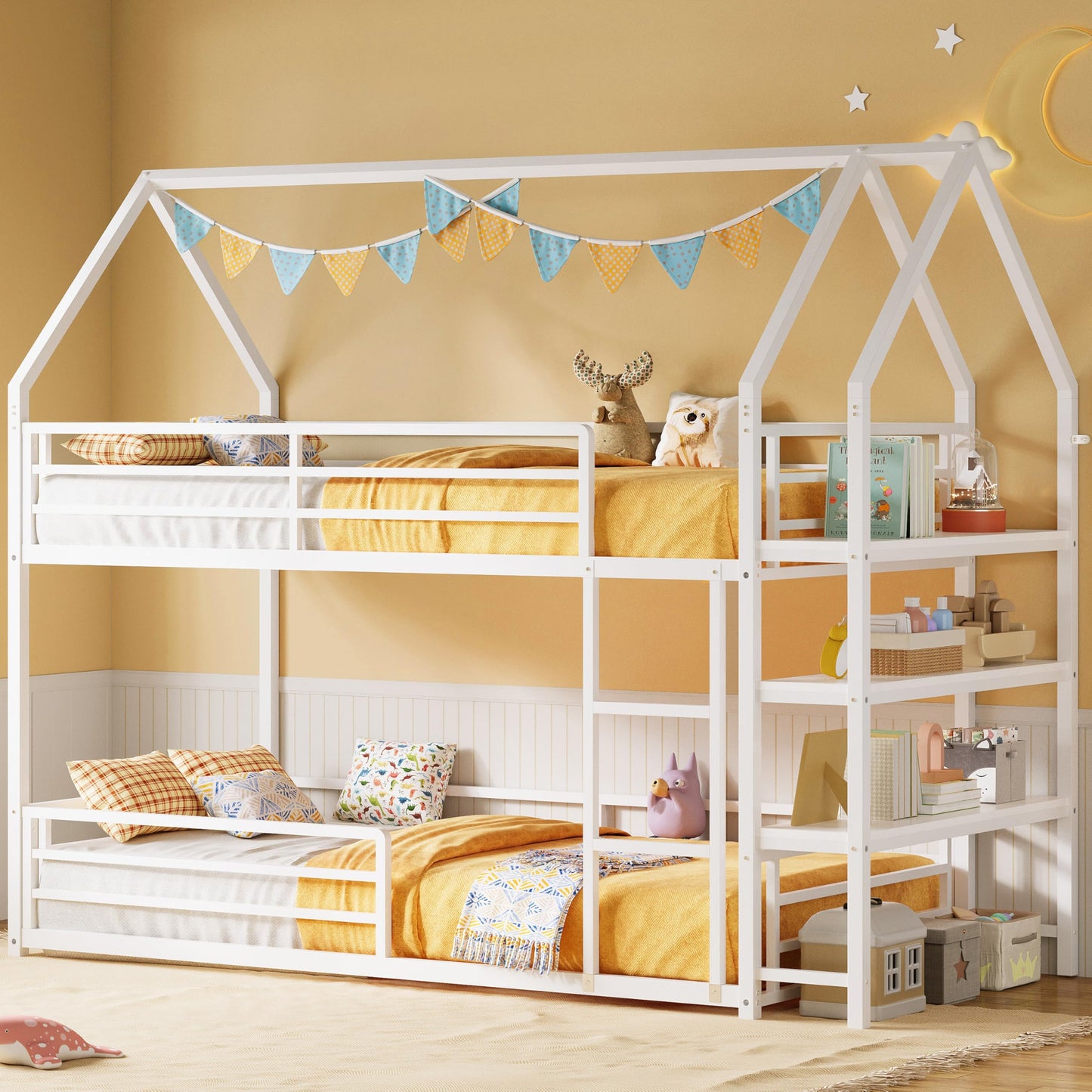 LIKIMIO Bunk Bed, Twin Bunk Beds with 3-Tier Storage Bookshelf, Bunk Bed Twin Over Twin, Metal House Bed Ladder and Safety Guardrail for Bedroom, Space Saving, No Box Spring Needed, White