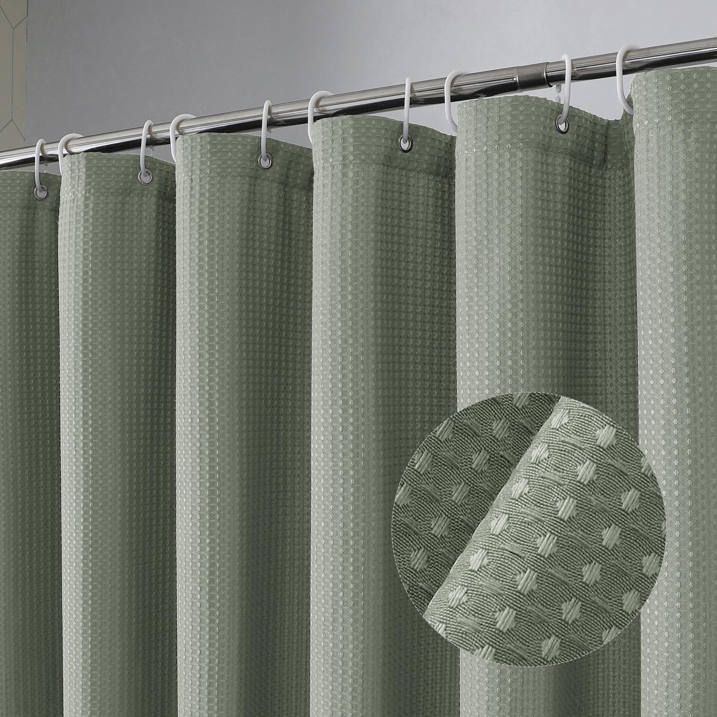 OVZME Extra Long Shower Curtain Set - 84 Inch Long Waffle Weave Heavy Duty Cloth Shower Curtain for Bathroom, Luxury Weighted 230GSM Bath Curtain Set with 12 Plastic Hooks, 72x84, Sage Green
