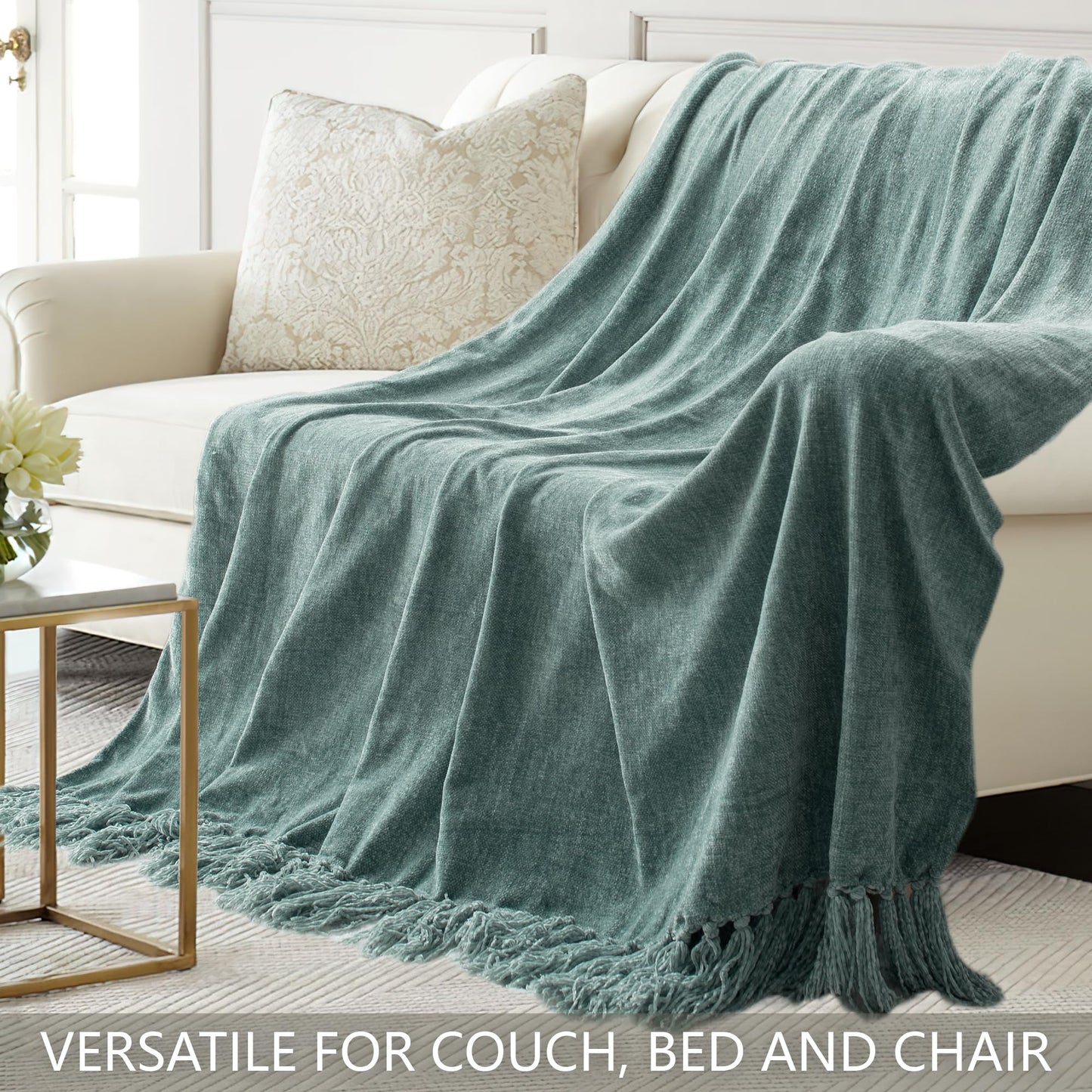 LONG CREATE Chunky Knit Throw Blanket Bundle Chenille Throw Blanket， 50"X 60" Sage Green
