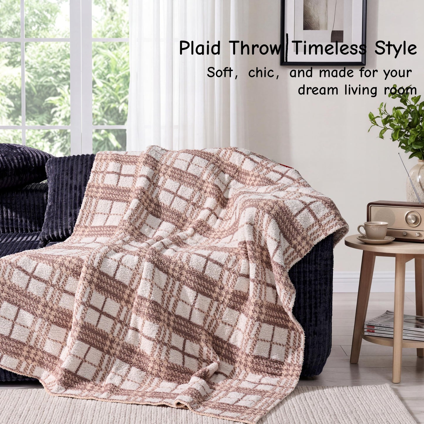 DXRZEXAM Stretch Knit Throw Blanket 47"x59" Soft Fleece Checkered Blanket All Season Breathable Non-Shedding Cozy for Couch Bed Office Lap Wrap Camping Trip 550GSM Khaki Beige Plaid