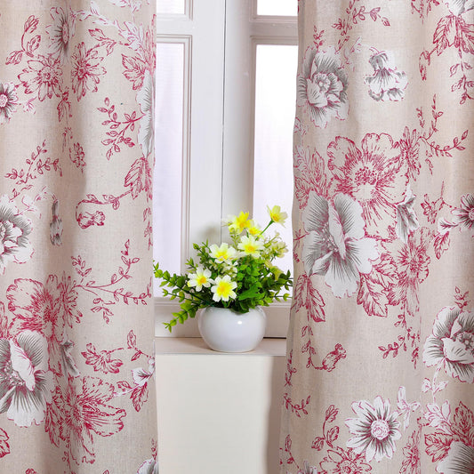 RLoncomix Red Floral Print Linen Curtains Vintage Flower Window Treatment Curtain Light Filtering Farmhouse Grommet Window Drapes for Living Room Bedroom, 2 Panels, 52 x 63 Inch