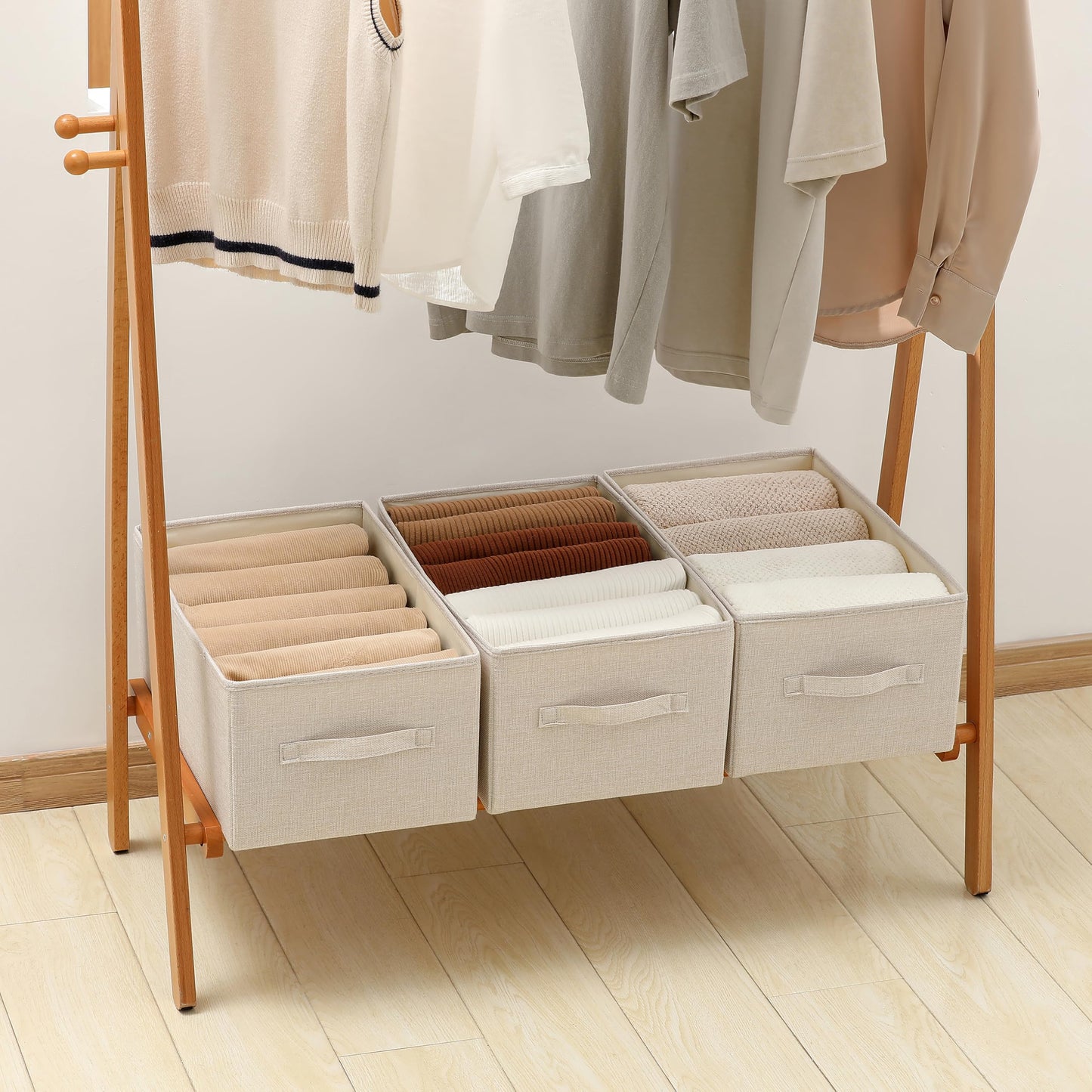 tulinstiraga Linen Folding Storage Bins, 3 Pack Large Storage Baskets, Washable, Clothing Storage Bins with Handle, Closet Organizer for Storage Sweater,Sheets(Beige, 18½"x11 x8½)