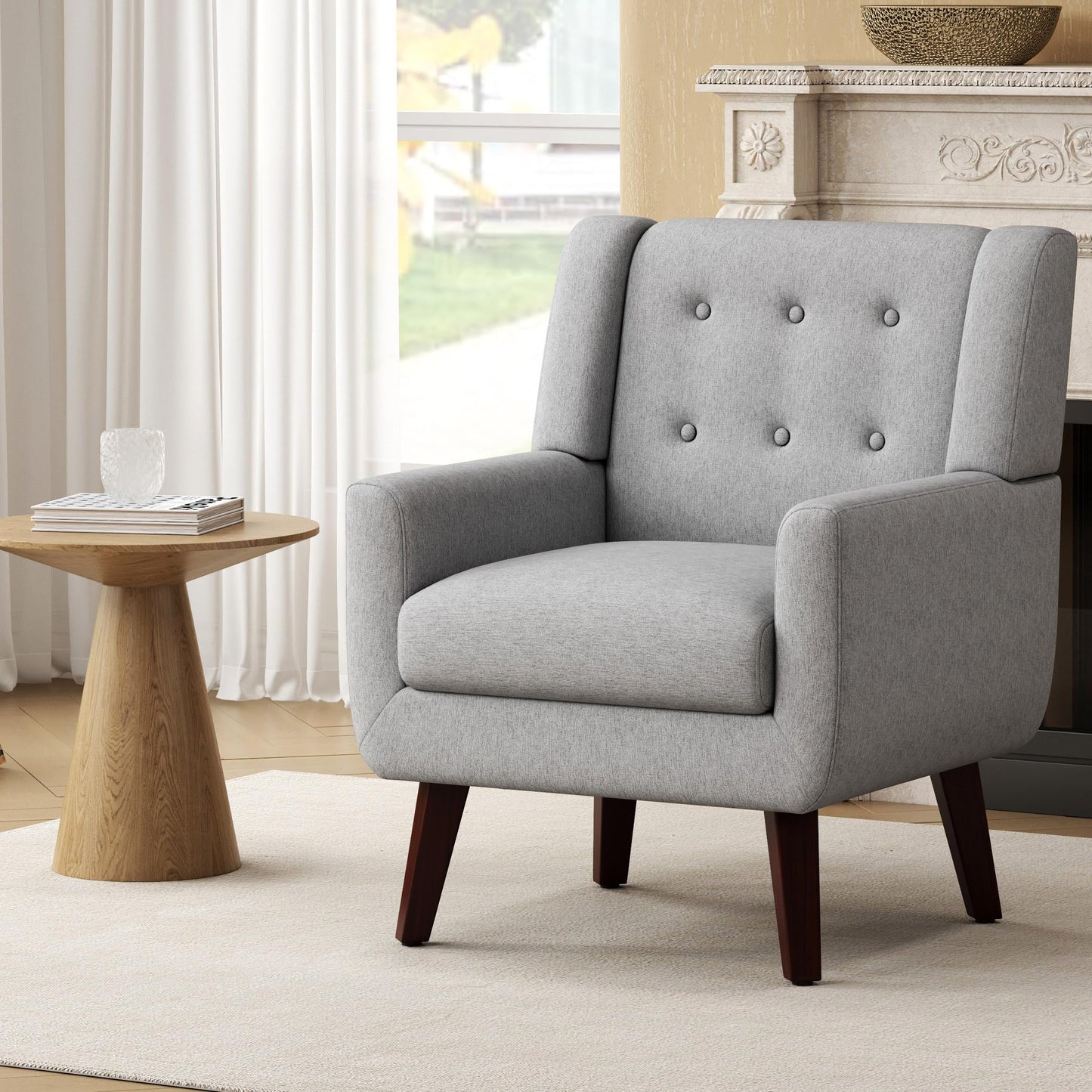 FaFaSoGoodFa Linen Fabric Living Room Chairs, Accent Chair, Mid Century Modern Armchair for Living Room, Bedroom Button Tufted Upholstered Comfy Reading Sofas,Vanity Chair (2, Light Grey)