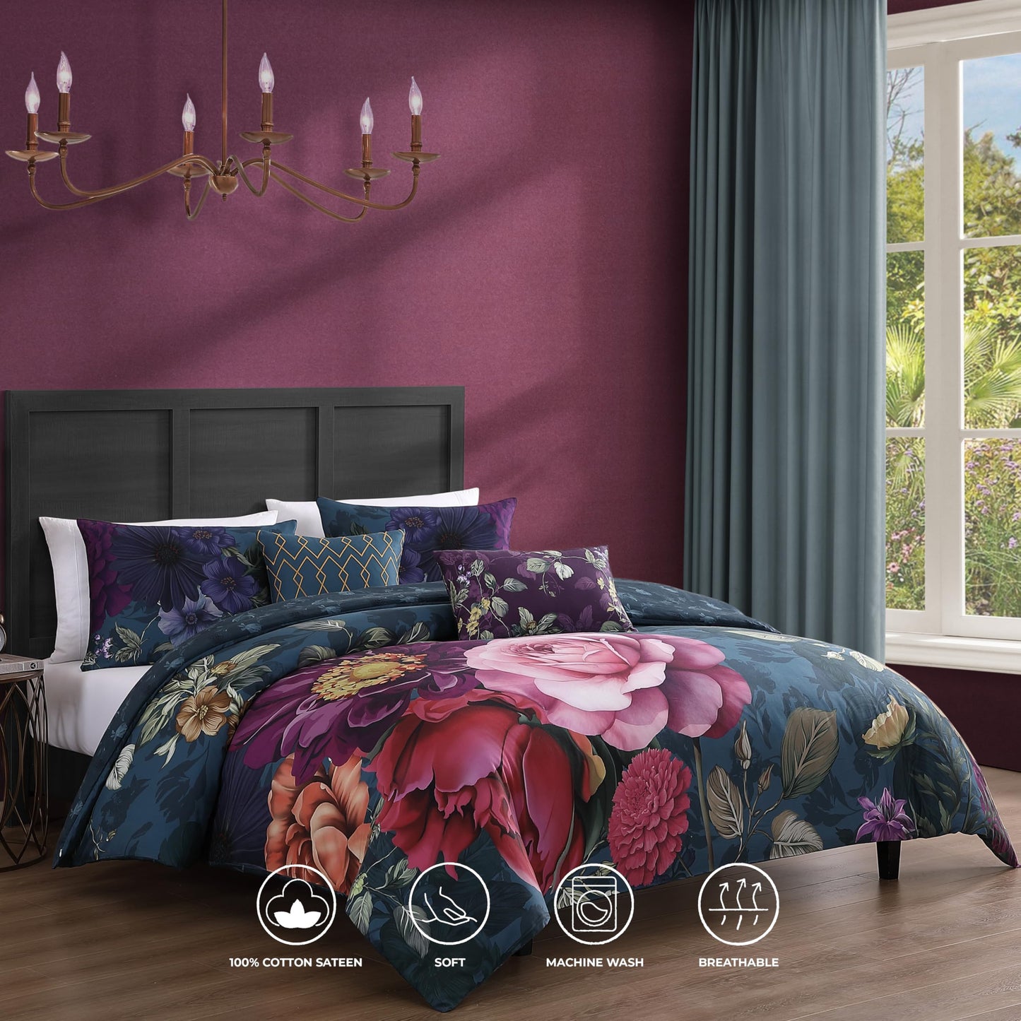 Bebejan Vibrant Flora 5 Piece Comforter Set, 100% Cotton Sateen, 220 Thread Count, Reversible Bedding Comforter Set, 1 Comforter, 2 Shams & 2 Pillows (King/Cal King)