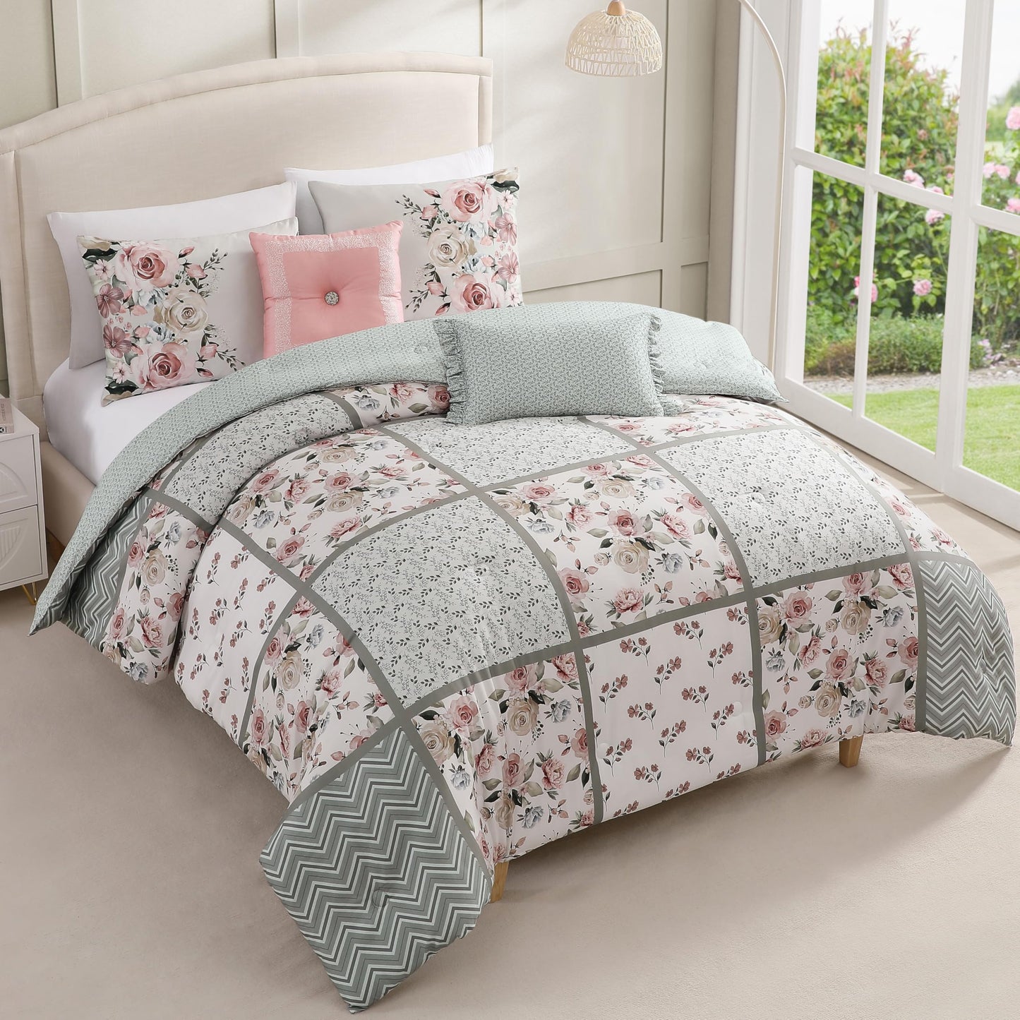 Bebejan Sage Serenity 5 Piece Reversible Comforter Set, 100% Cotton Sateen, 220 Thread Count, Bedding Comforter Set, 1 Comforter, 2 Shams & 2 Pillows (King/Cal King)