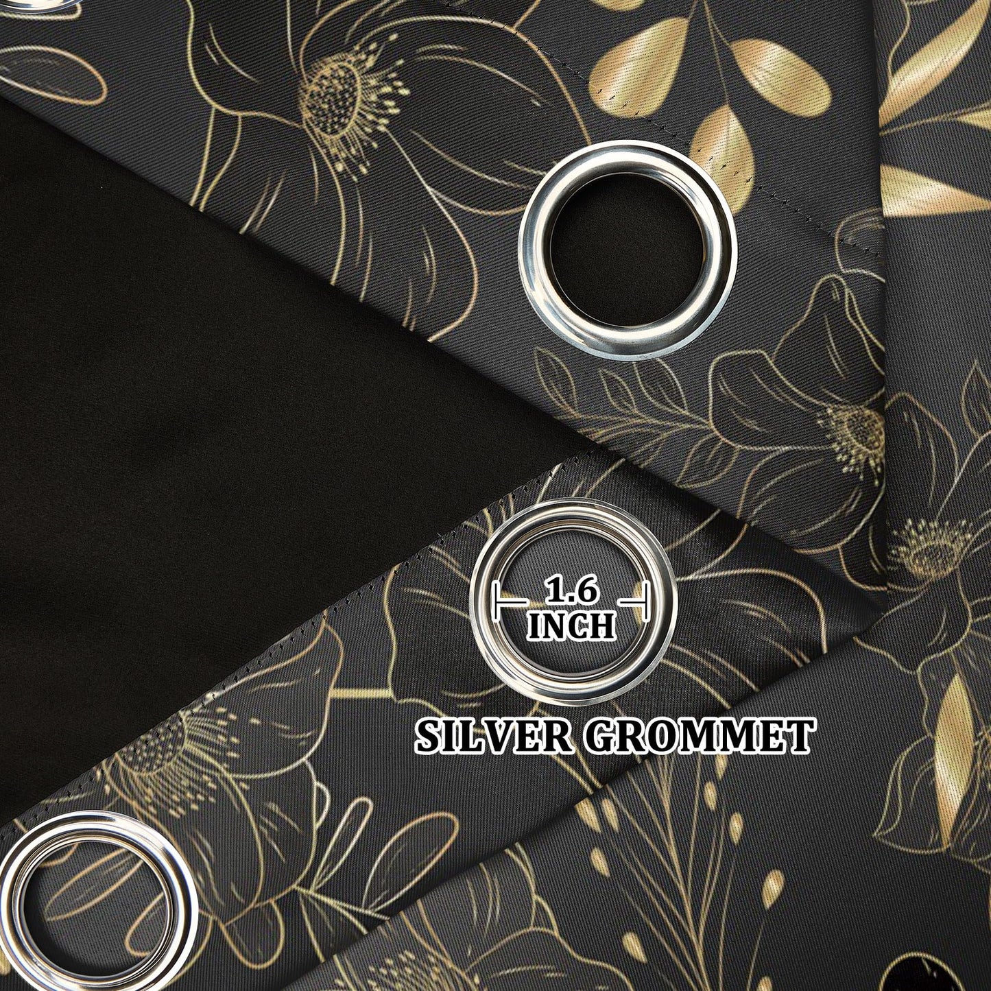 Renaiss 42 x 84 Inch Black Gold Floral Blackout Curtains for Bedroom Printed Gold Stroke Flower Curtains French Country Grommet Window Treatment Curtain Farmhouse Drapes Black Liner 2 Panels