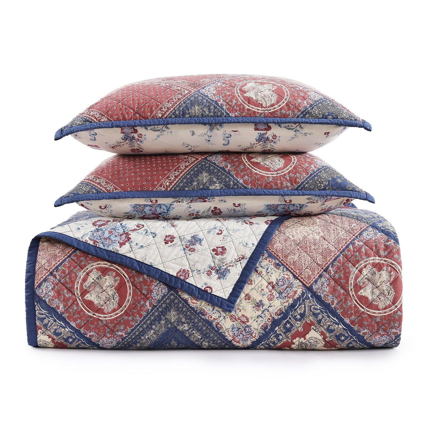 Paseo Road Tasha Polizzi Patchwork Bandana Western Bedding Sets, 3 Piece Queen Cotton Quilt Set, Red Blue Medallion Paisley Country Bedding, Reversible Floral Print Patchwork Quilt with Pillow Shams