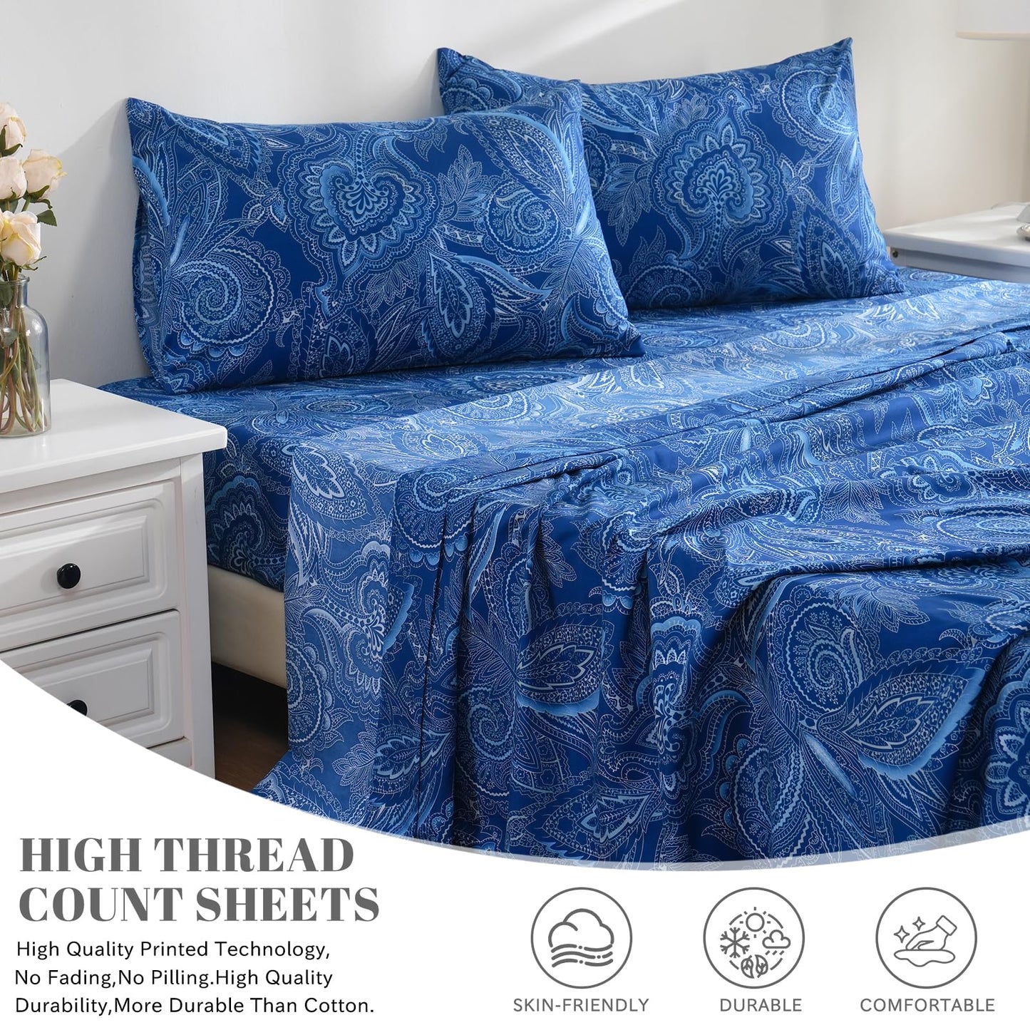 Bedlifes King Sheet Set Ultra Soft, Breathable, Silky Flower Deep Pocket 100% Microfiber Bedding, 4 Piece King Size Paisley Dark Navy Blue