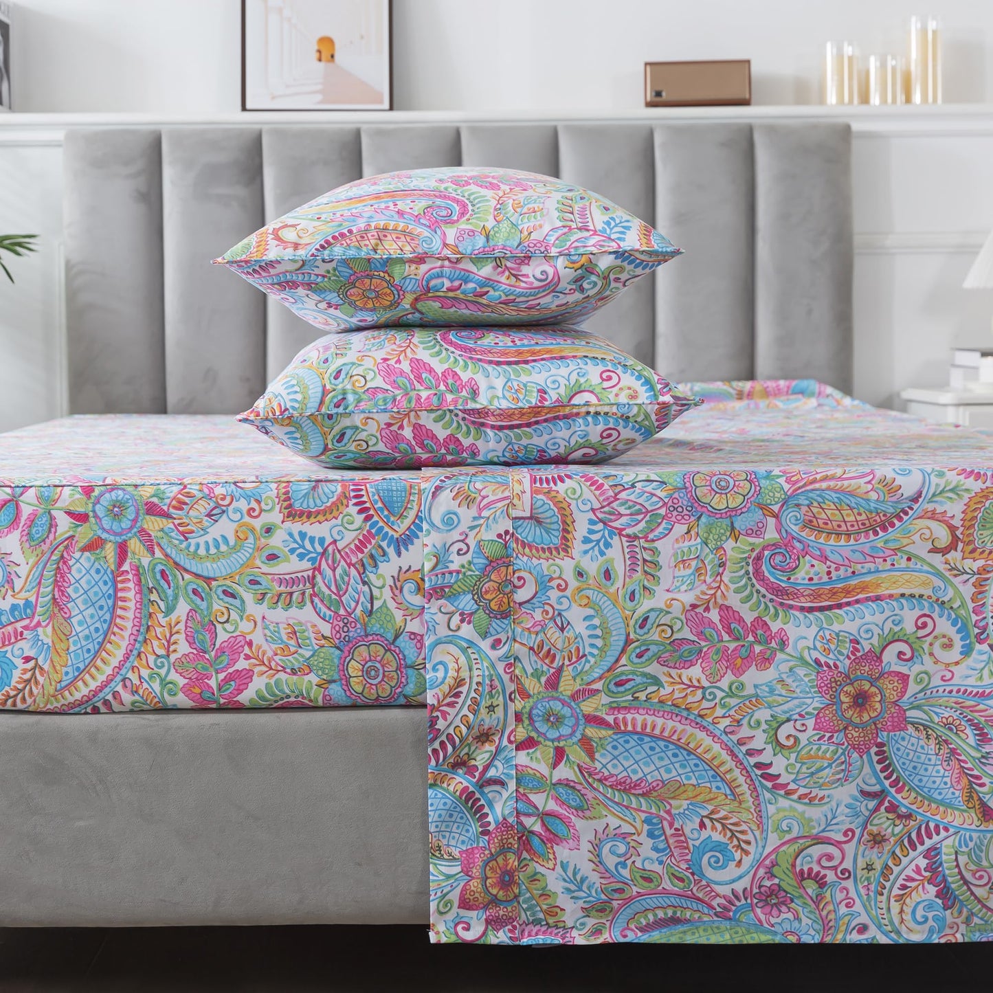 FADFAY Paisley Sheets Set Full Bohemian Damask Paisley Bedding Luxurious Boho Pink Paisley Bed Sheet Set Breathable Cotton Ultra Soft 17.5'' Deep Pocket Fitted Sheet 4Pcs, Full Size