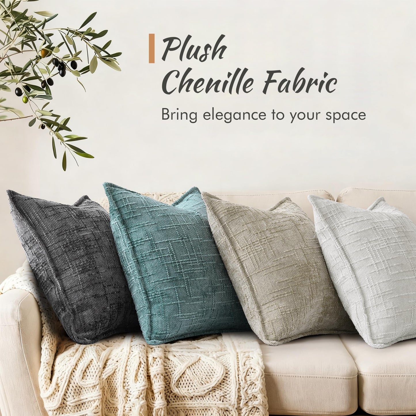 decorUhome Chenille Throw Pillow Covers 18x18 Set of 2, Soft Textured Slubby Modern Decorative Pillow Covers with Elegant Design for Couch, Sofa, Living Room, Dark Grey