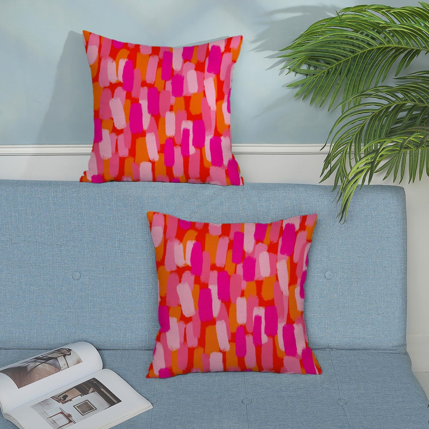GOLIANDA Hot Pink Orange Pillow Covers 18x18 Inch Set of 2 Abstract Preppy Throw Pillows Painting Outdoor Decorative Pillow Cases Linen Aesthetic Boho Cushion Cover for Couch Home Sofa Bed Decor