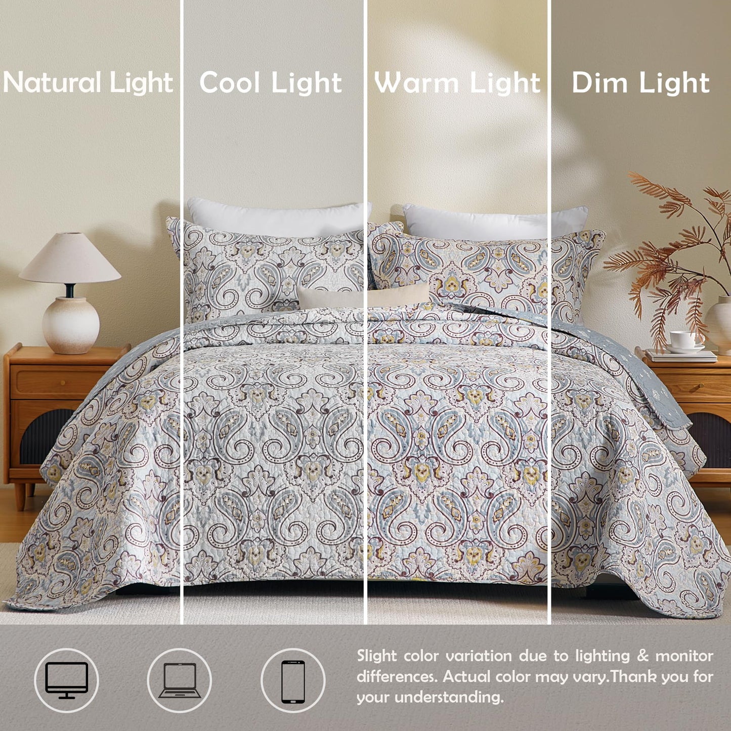 BCOTTOND Blue Paisley King Size Quilt Set - Reversible Paisley Brown Floral Quilts King Size, 100% Cotton Lightweight Bedspread Set, Luxury Quilt Bedding Set for King Bed, Light Blue, 106×98