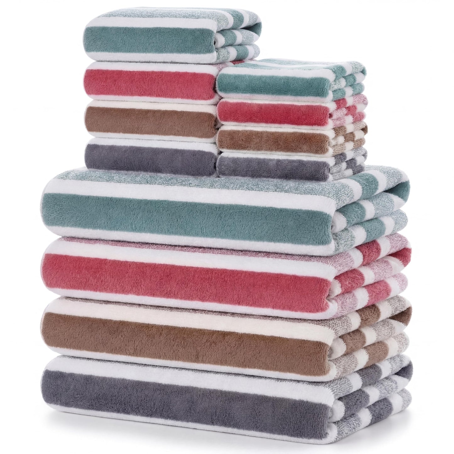 Newwiee 12 Pcs Stripe Bath Towel Sets Microfiber Bathroom Sheet Set Included 4 Highly Absorbent Soft Quick Dry Shower Bath Towels 4 Hand Towels 4 Washcloths for Bathroom, Hotel, Gym and Spa