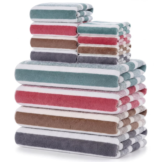 Newwiee 12 Pcs Stripe Bath Towel Sets Microfiber Bathroom Sheet Set Included 4 Highly Absorbent Soft Quick Dry Shower Bath Towels 4 Hand Towels 4 Washcloths for Bathroom, Hotel, Gym and Spa