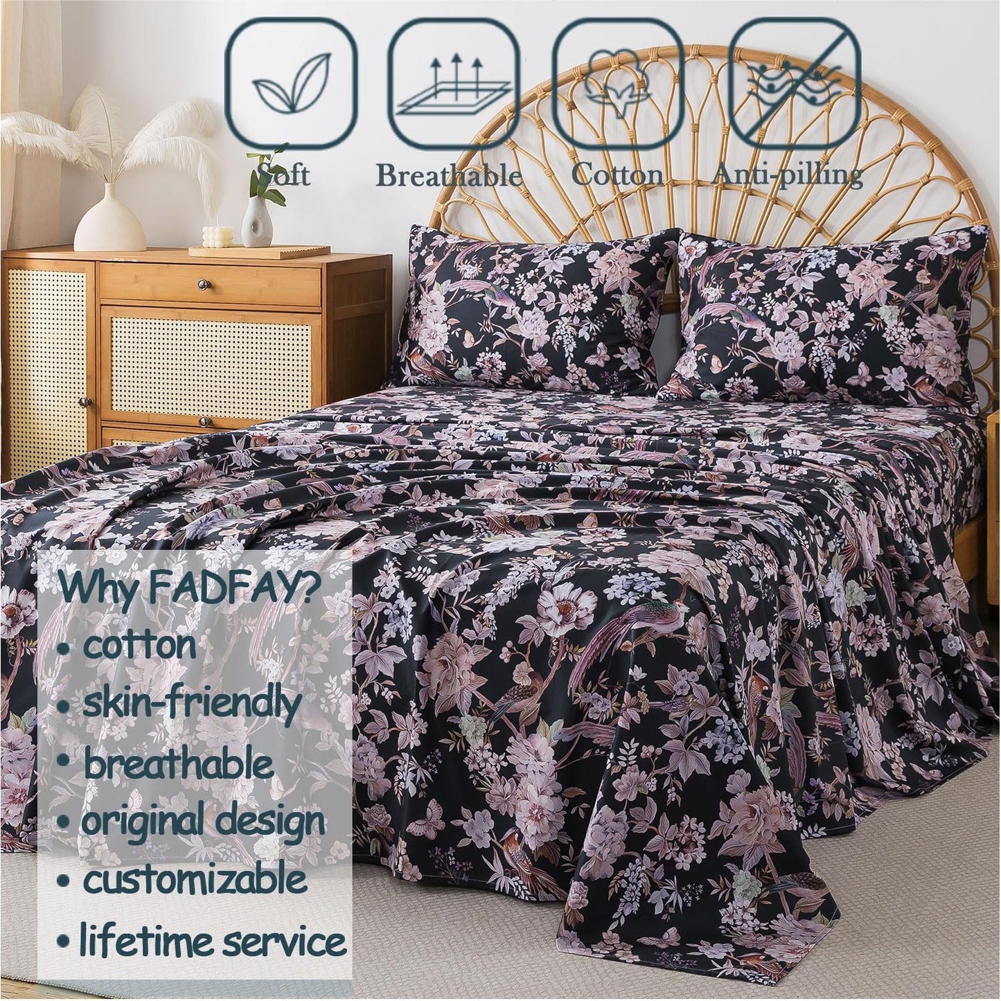 FADFAY Queen Sheet Set,4-Piece Long-Staple Cotton, Vintage Black Floral & Bird Print Bedding, Deep Pocket Fitted Sheet, Soft & Breathable for All Seasons
