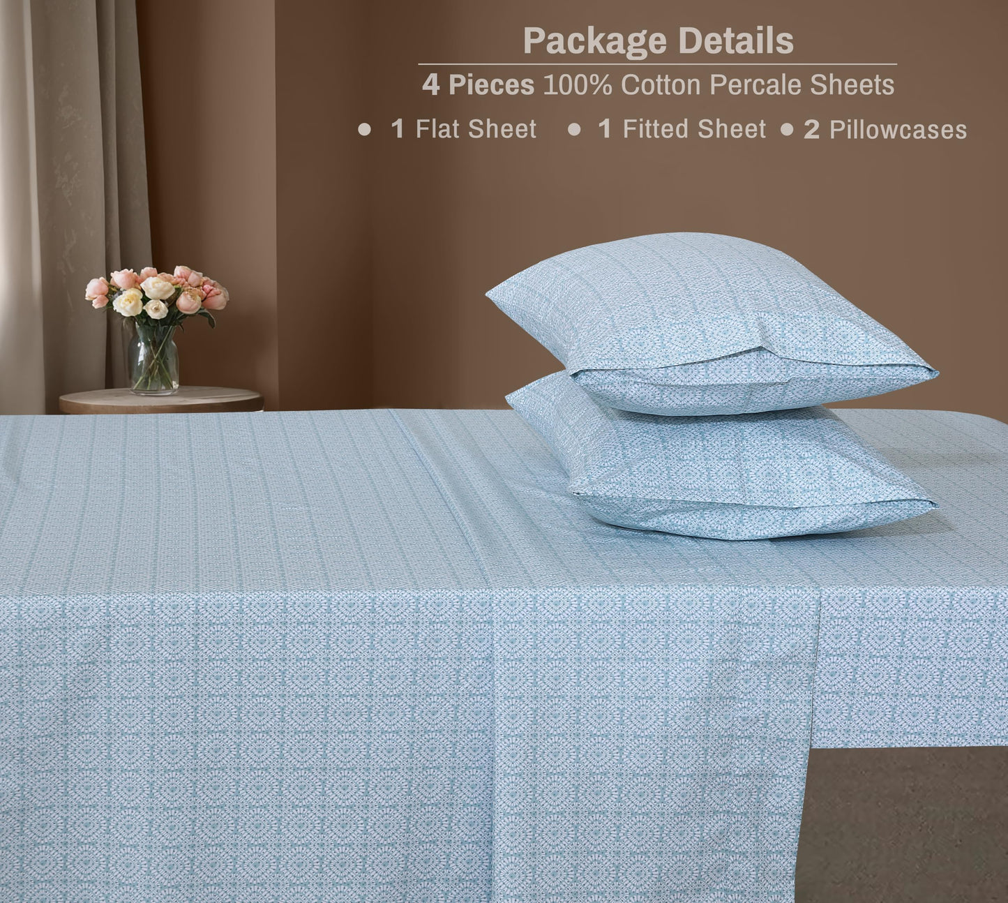ZOYER 100% Cotton Percale Sheets Queen – Cooling Breathable Bed Sheets for Hot Sleepers, Crisp Hotel Style Bedding, Deep Pocket 16”, Lightweight Soft Durable 4 Pcs Sheet Set, Teal Geo