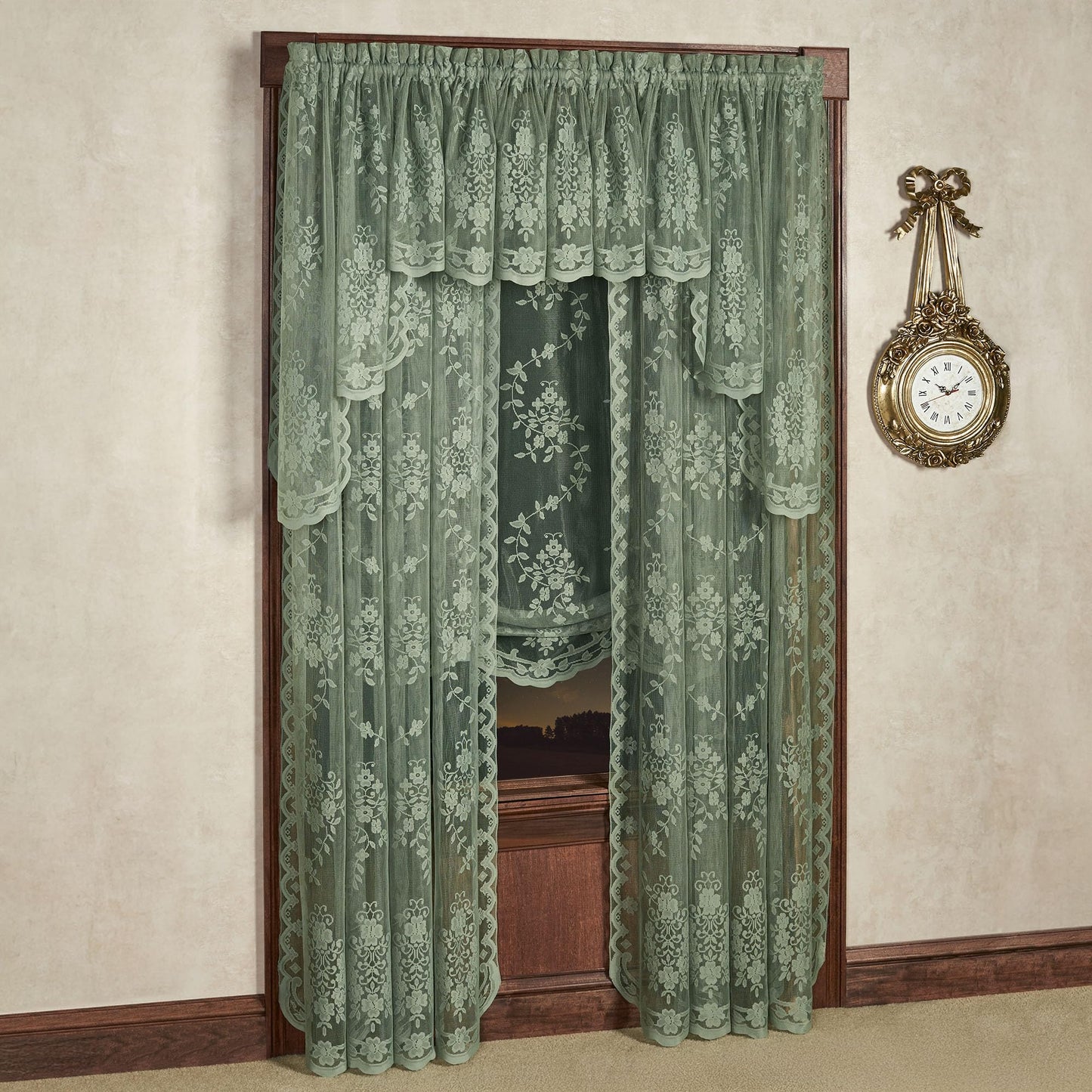 Luxury Sheer Polyester Fiona Lace Window Treatment | 5 Piece Set: Balloon Shade, 38L Swag Pair, 95L Panels, Insert Valance | Timeless Classic Traditional | Sage Green | Rod Pocket | Machine wash