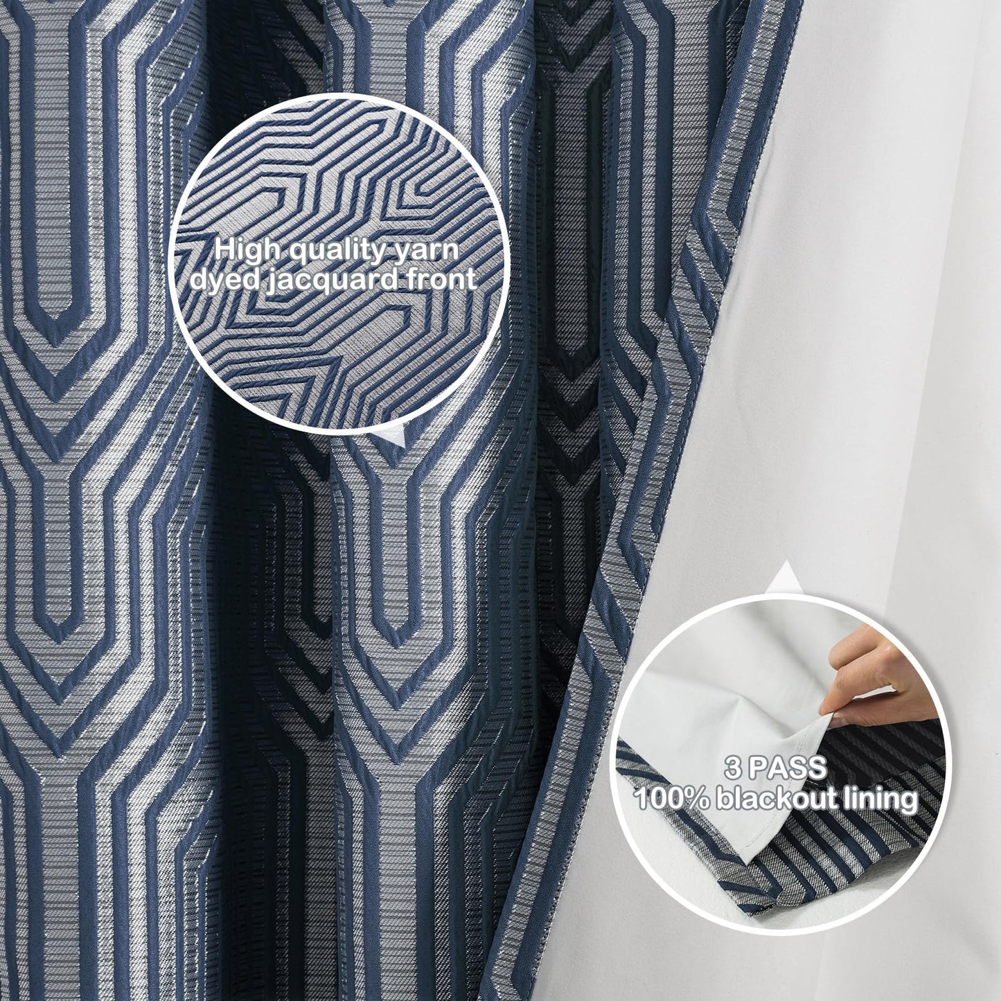 Indigo Blue and Silvery 100% Blackout Jacquard Geometric Pattern Curtains,52 Inch Wide 96 Inch Length 2 Panels, Thermal Insulated Noise Reducing Anti-Rust Grommet Drapes for Bedroom Living Room