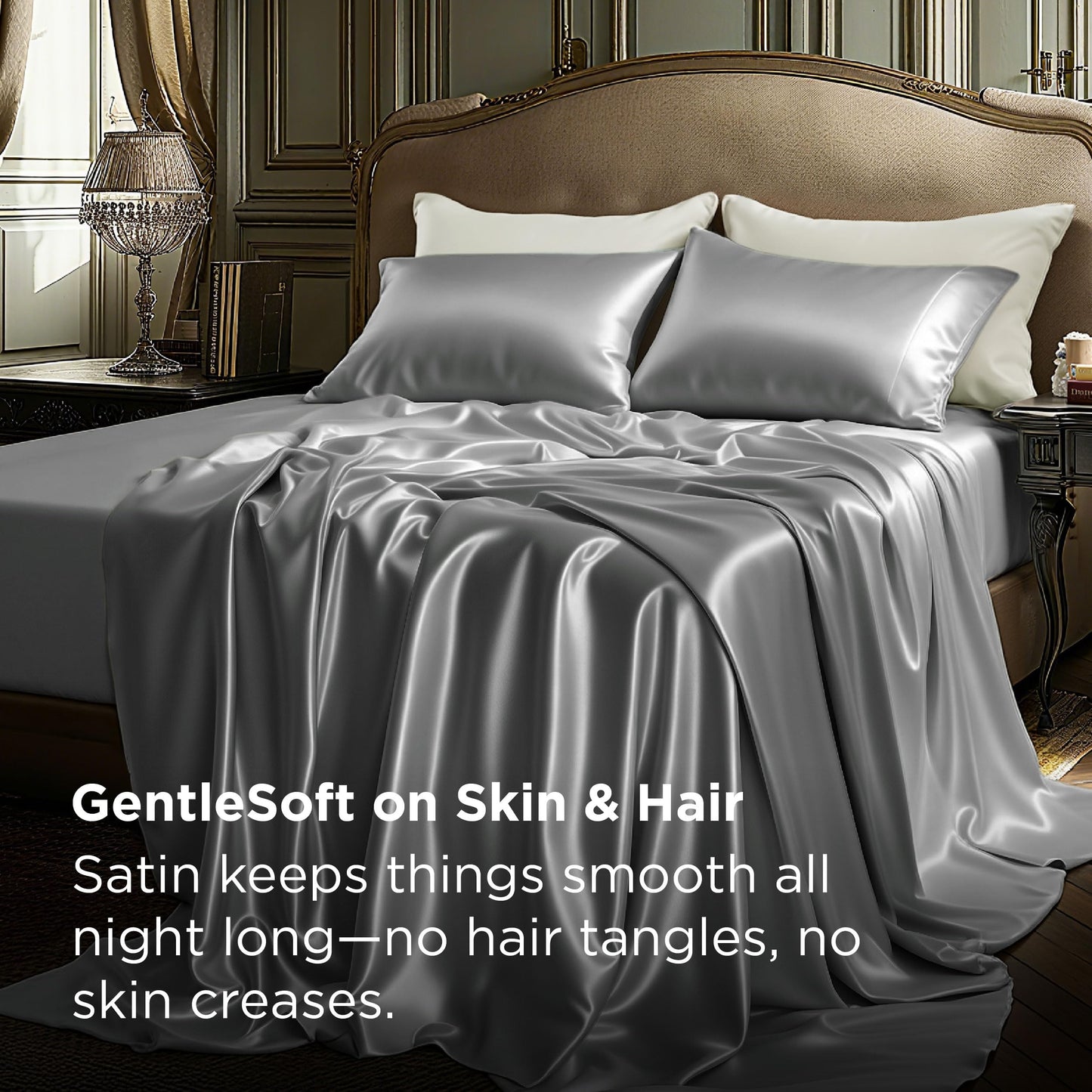 Bedsure Satin Sheets Full Size - 4 Piece Silky Bedsheets with Elastic Corner Straps and 15 Inches Deep Pocket Fitted Bedsheet,1 Flat Sheet, 2 Satin Pillowcases, Good for Hair & Skin (Full, Dark Grey)