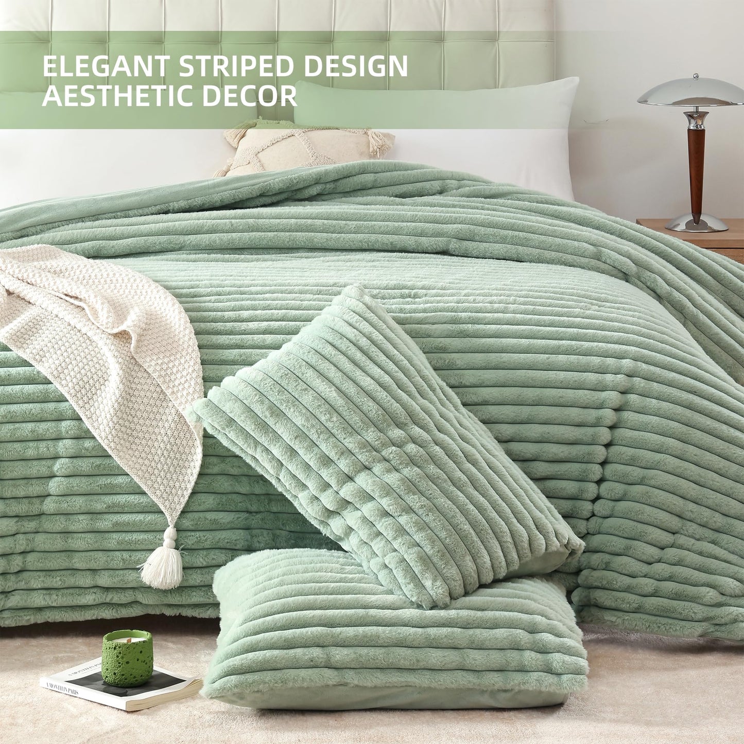 Smoofy Fluffy King Size Comforter Set 3 Pieces - Sage Green Fleece Fluffy Comforter Set, Luxury Fuzzy King Bedding Set, Soft King Bed Set All Season, Heavy Faux Fur Comforter with 2 Pillow Cases