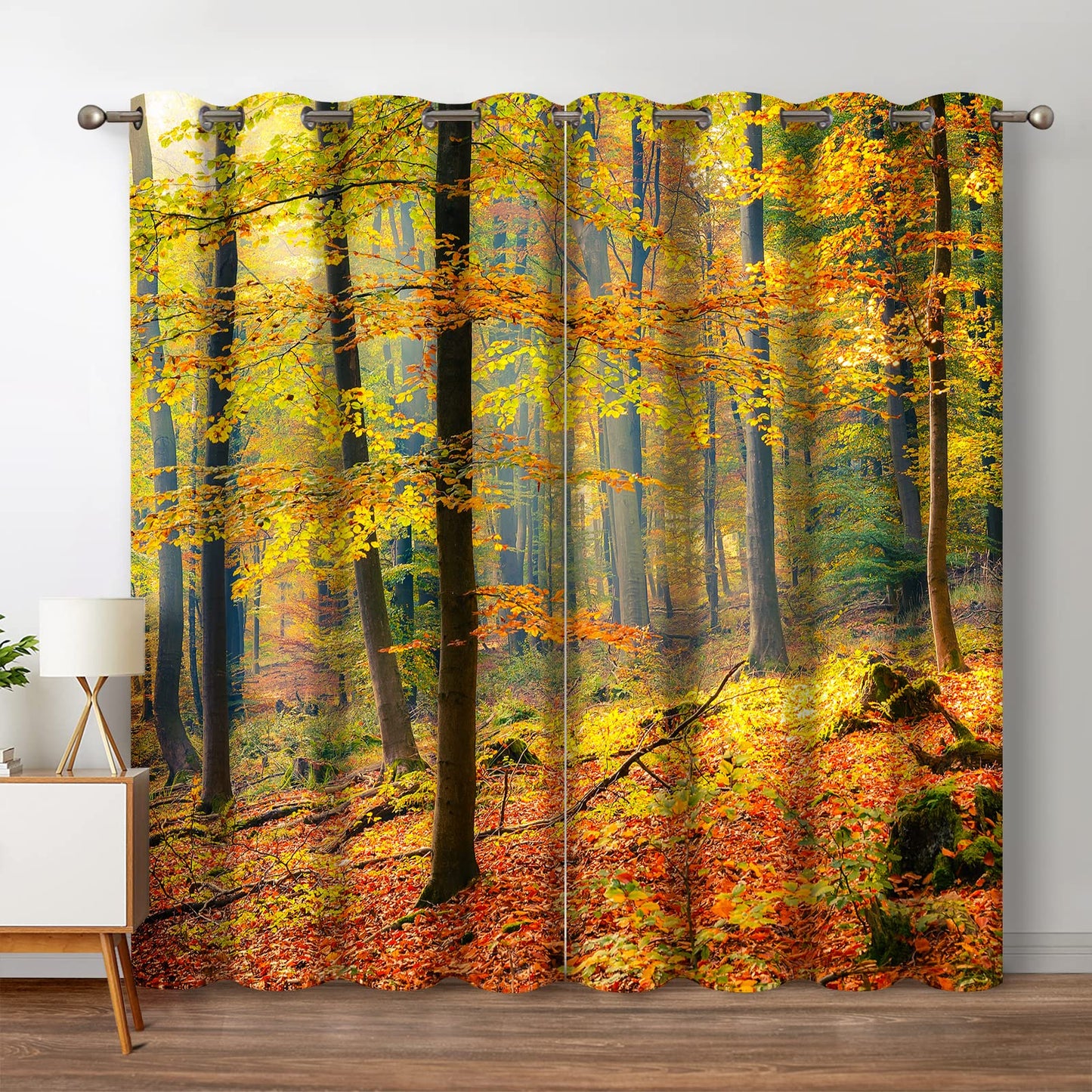 Jekeno Fall Tree Forest Blackout Curtains Jungle Autumn Tree Yellow Leaves Nature Scenery Decor Fall Decoration Home Bedroom Living Room Grommet Window Drapes 2 Panel Set, 52"x84"
