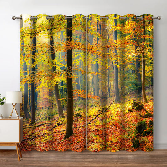 Jekeno Fall Tree Forest Blackout Curtains Jungle Autumn Tree Yellow Leaves Nature Scenery Decor Fall Decoration Home Bedroom Living Room Grommet Window Drapes 2 Panel Set, 52"x84"